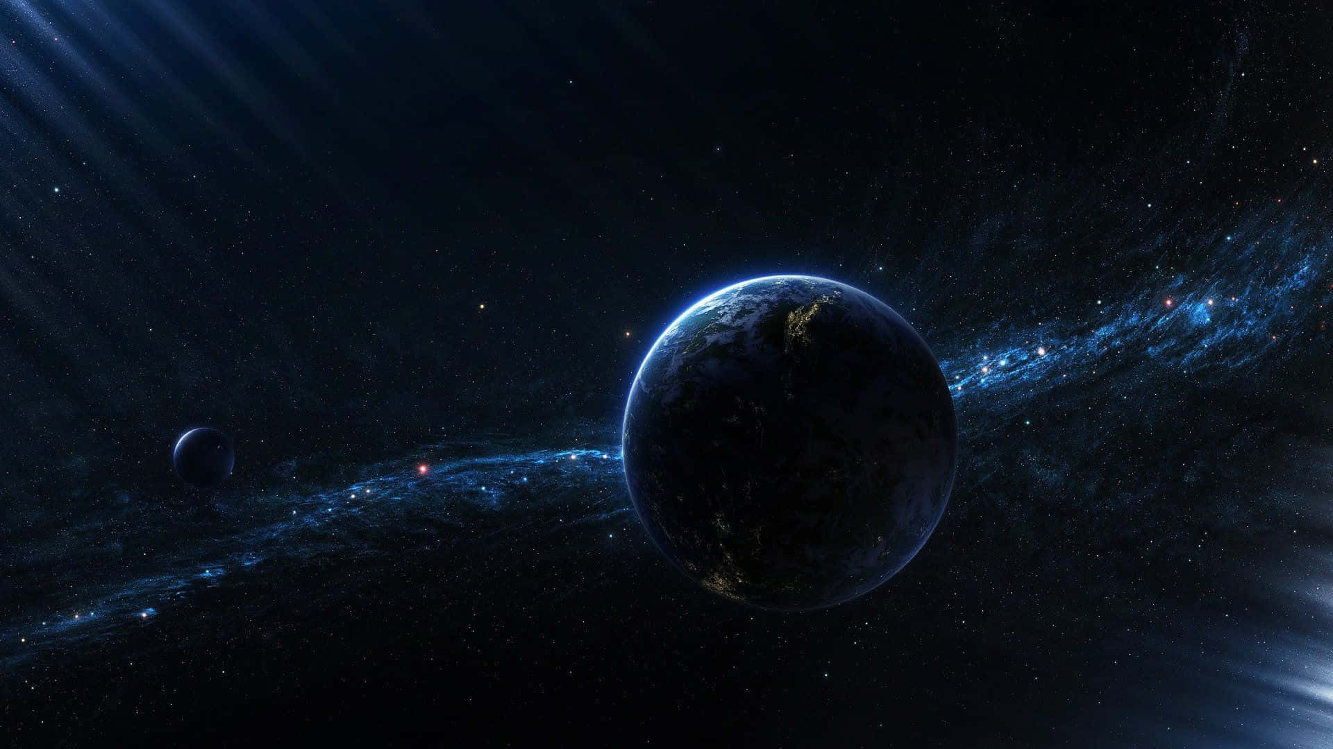 1920 x 1080 nebula, blue planet, glowing city lights, Full HD Desktop Wallpaper
