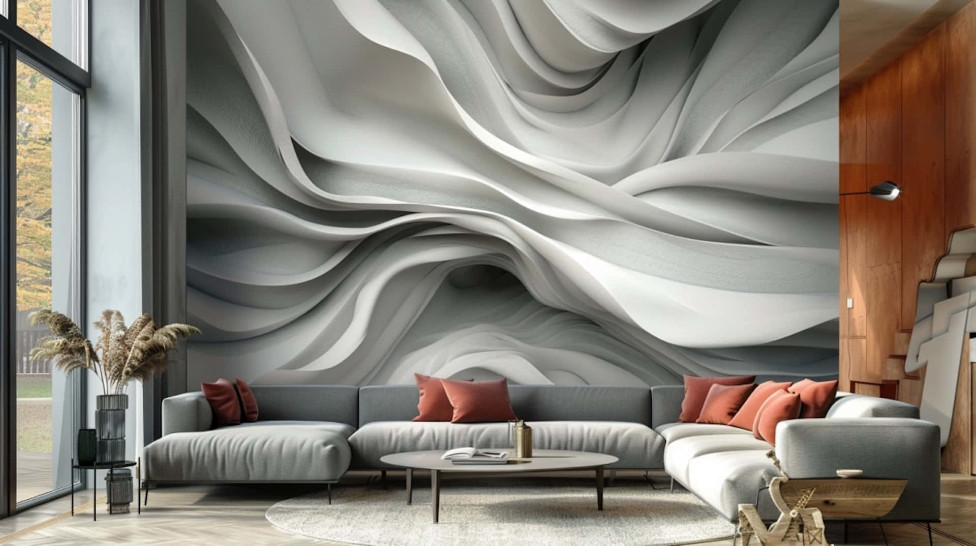 gray wave-patterned 3D wall, gray sectional sofa, rust-colored pillows, Full HD Desktop Wallpaper
