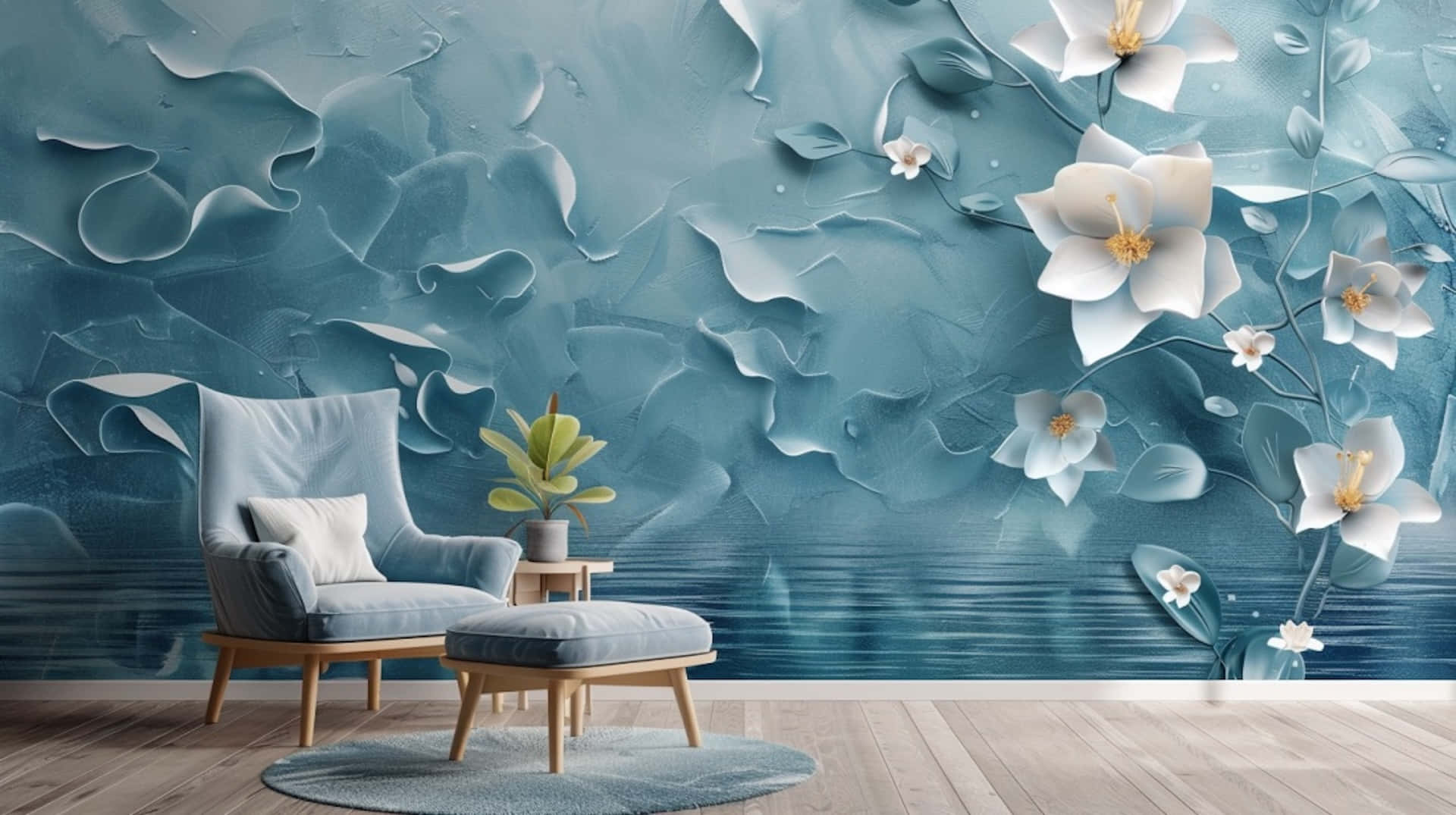 1920 x 1075, textured blue wall mural, white flowers, Full HD Desktop Wallpaper