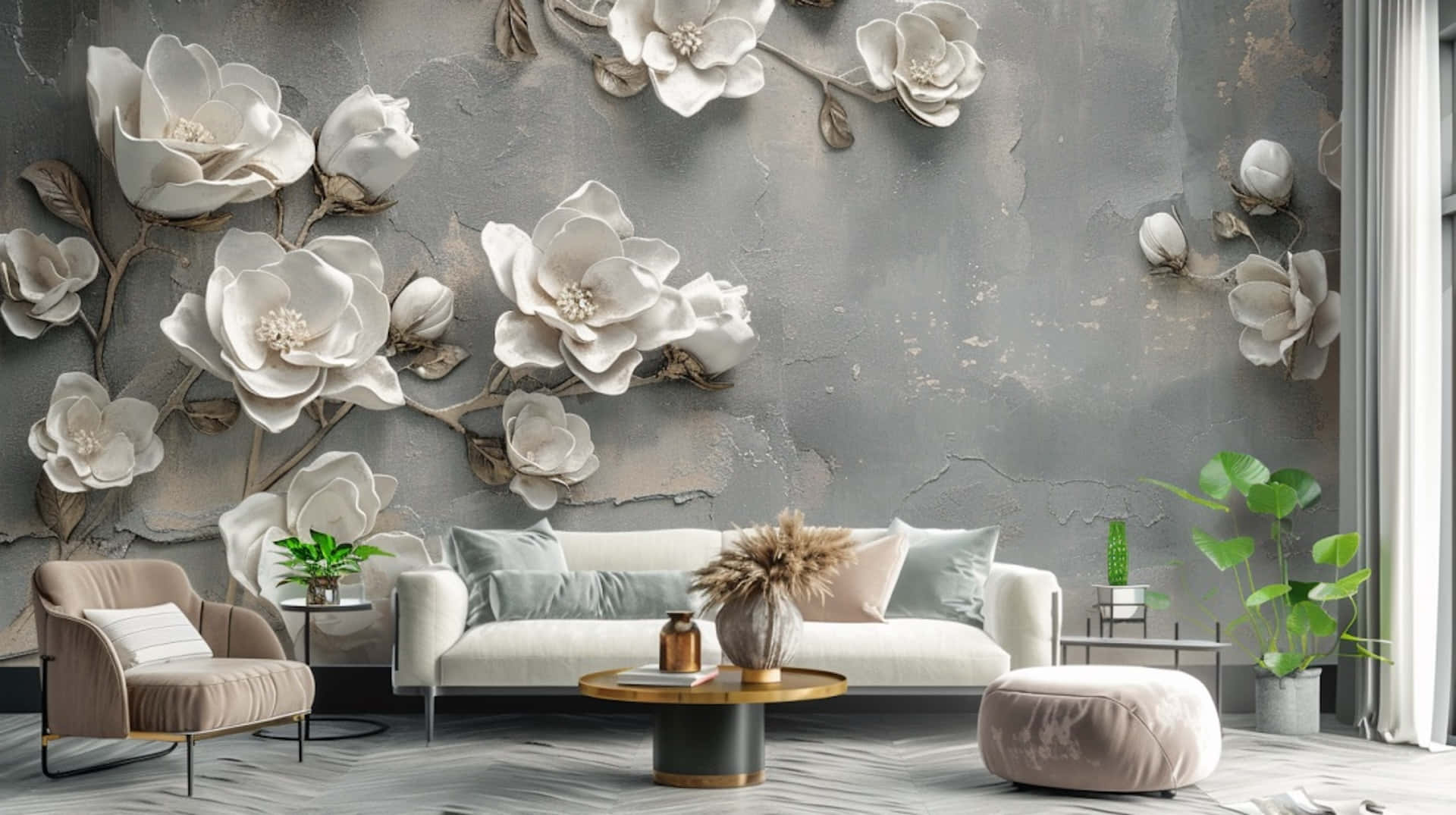 1920 x 1075, textured gray wall, large 3d white flowers, Full HD Desktop Wallpaper