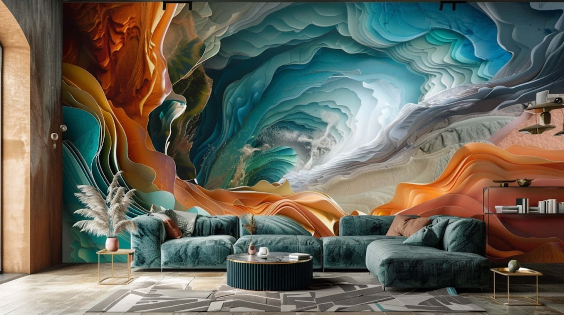 1920 x 1075, abstract mural, swirling orange teal and gray waves, Full HD Desktop Wallpaper