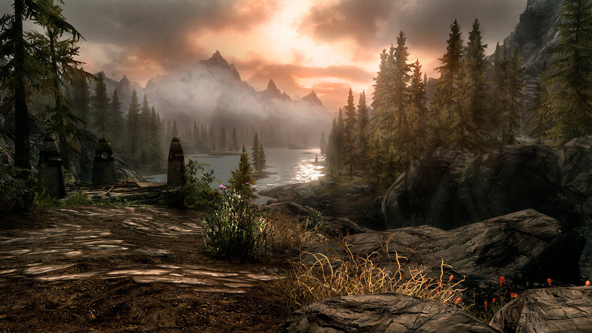 Skyrim, misty mountain lake, dawn, Full HD Desktop Wallpaper