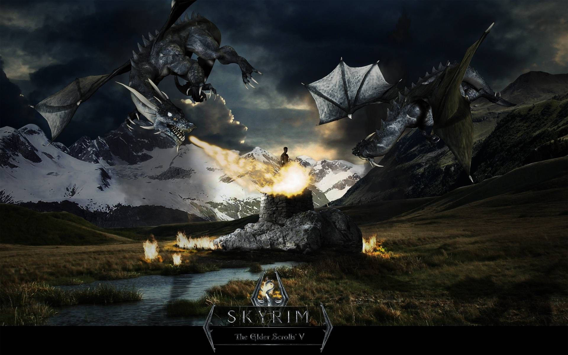 1920 X 1080 Skyrim, dragon, lone warrior, Full HD Desktop Wallpaper