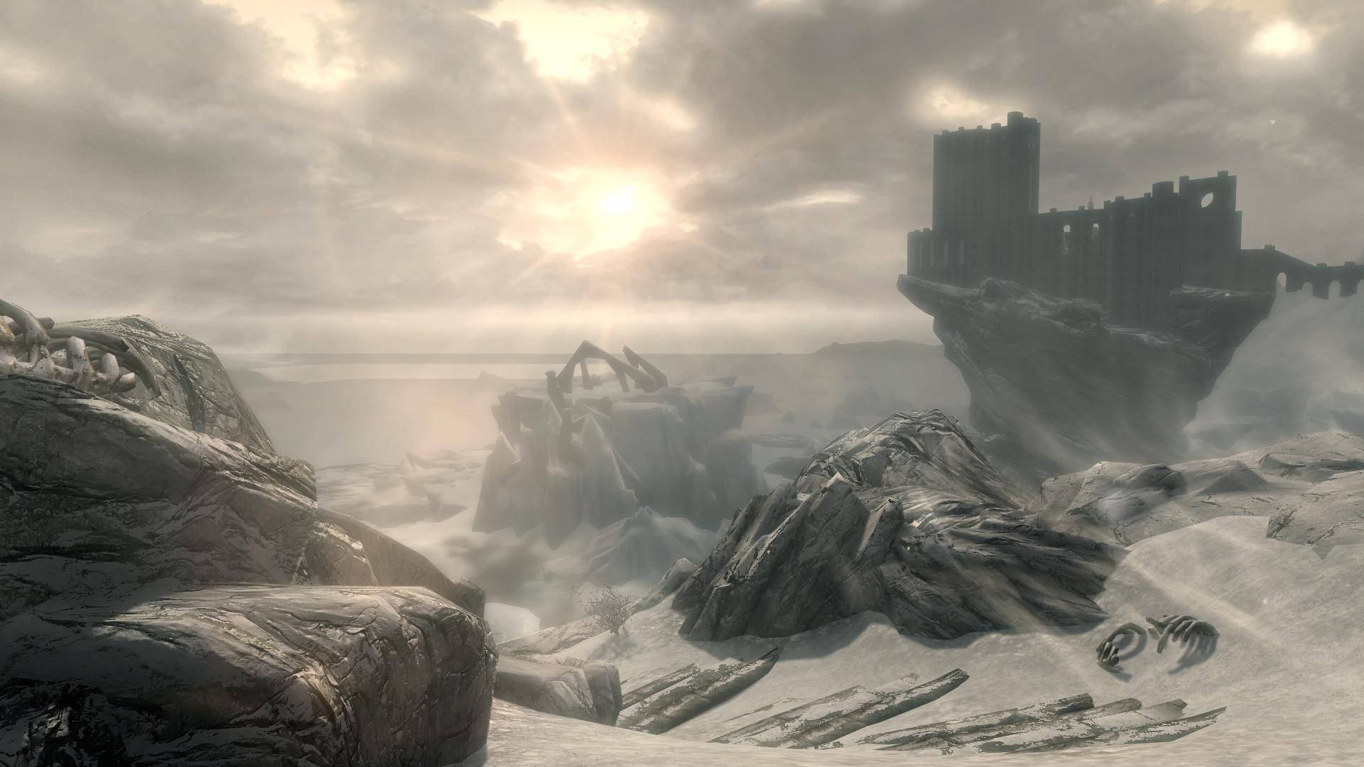 Skyrim, snowy landscape, crumbling floating castle, Full HD Desktop Wallpaper
