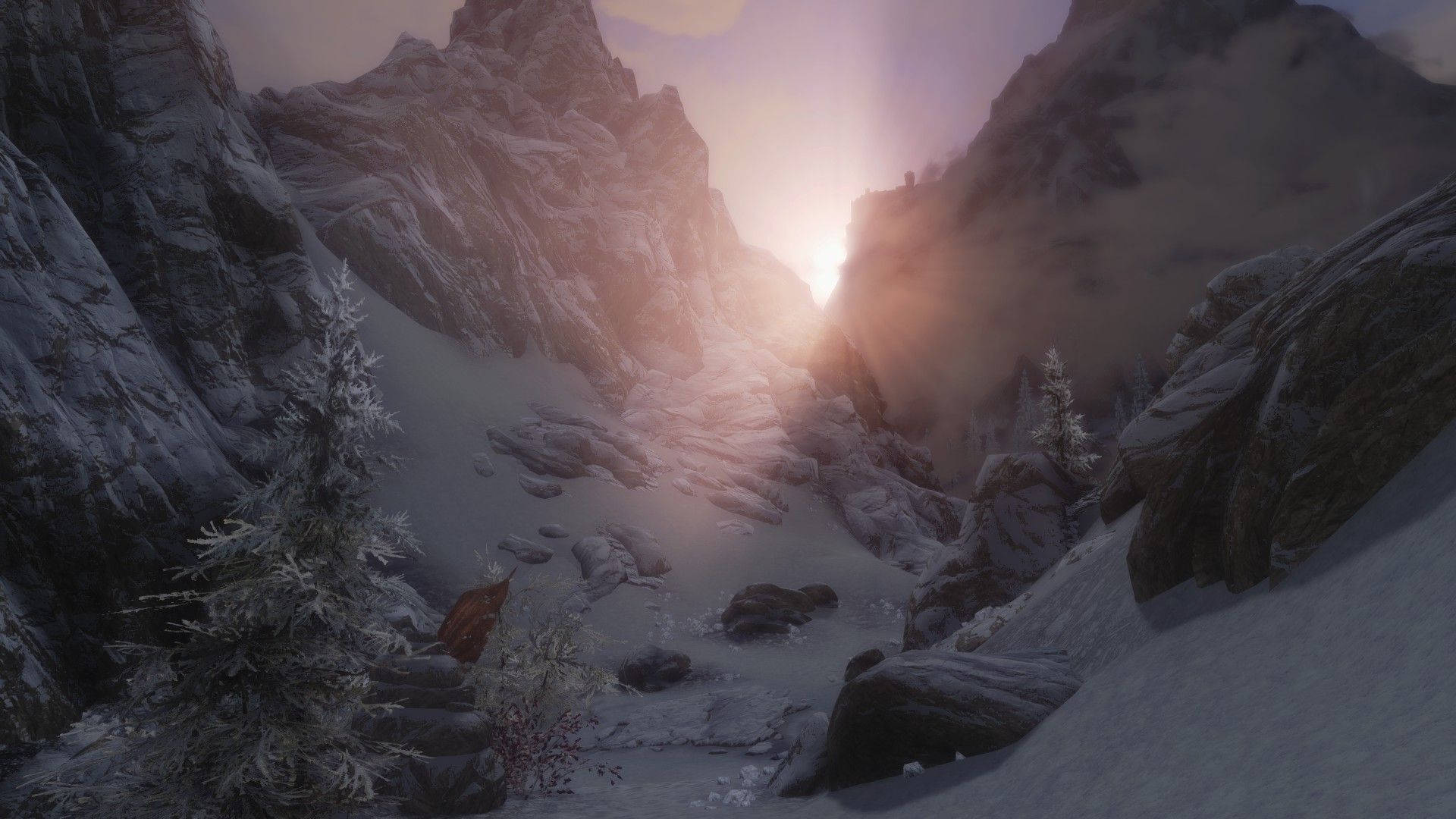 Skyrim, snowy mountain valley, frost-covered trees, Full HD Desktop Wallpaper