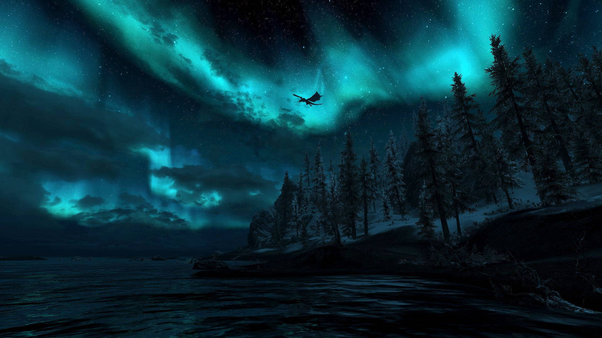 Skyrim, vibrant green aurora, snowy forested shore, Full HD Desktop Wallpaper