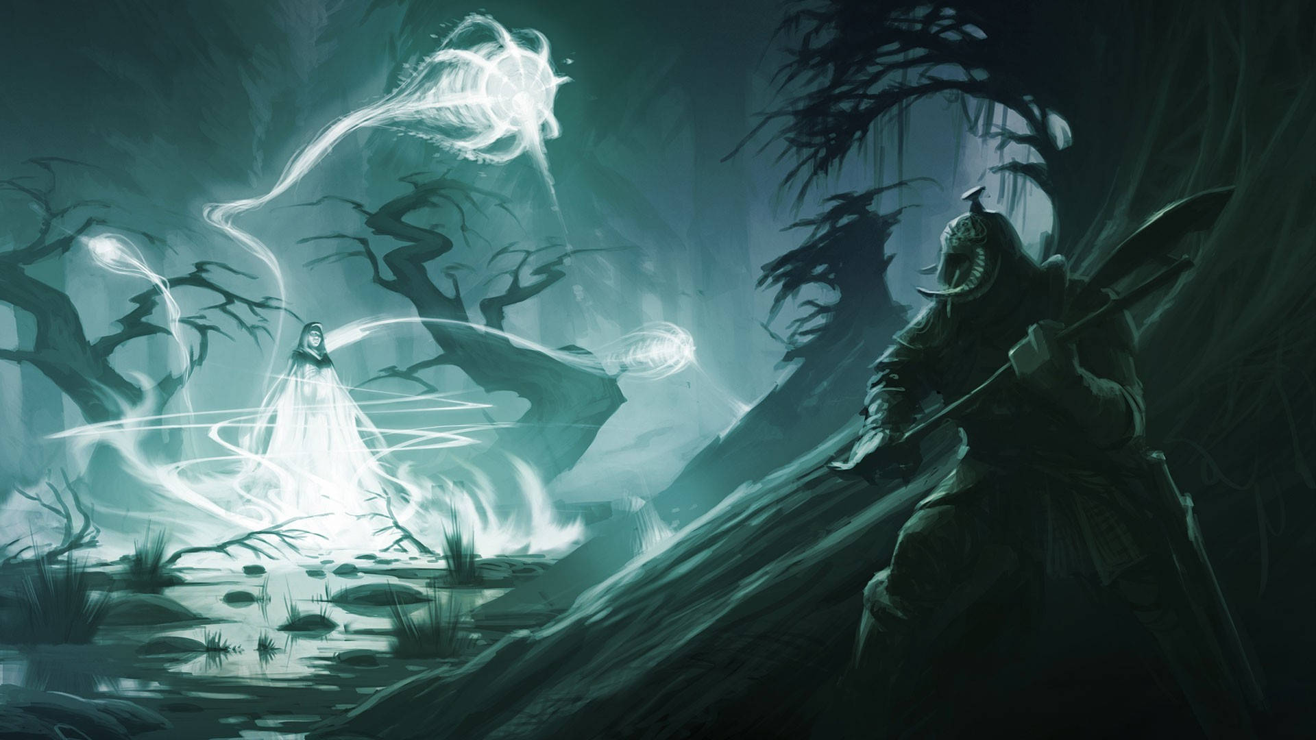 Skyrim, glowing figure, mystical energy, Full HD Desktop Wallpaper
