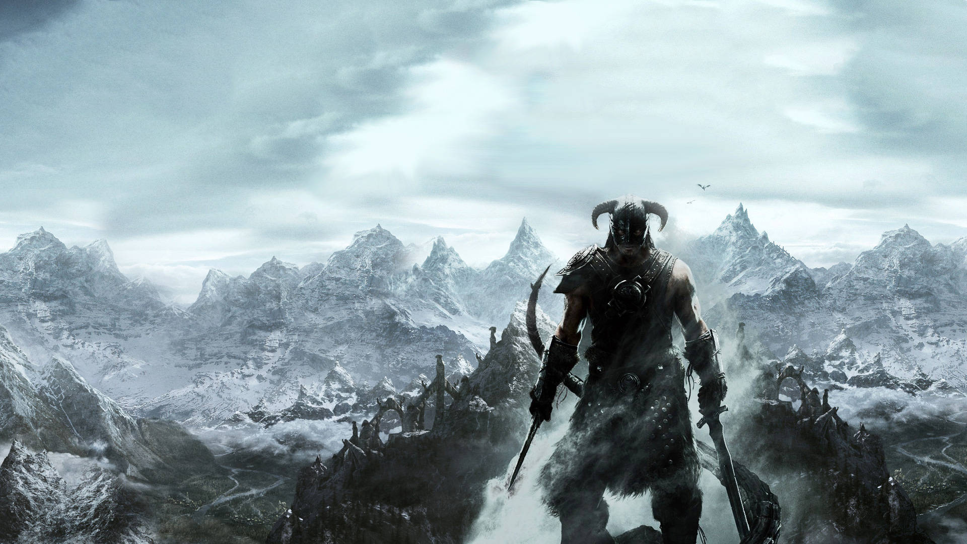 Skyrim, horned warrior, dark armor, Full HD Desktop Wallpaper