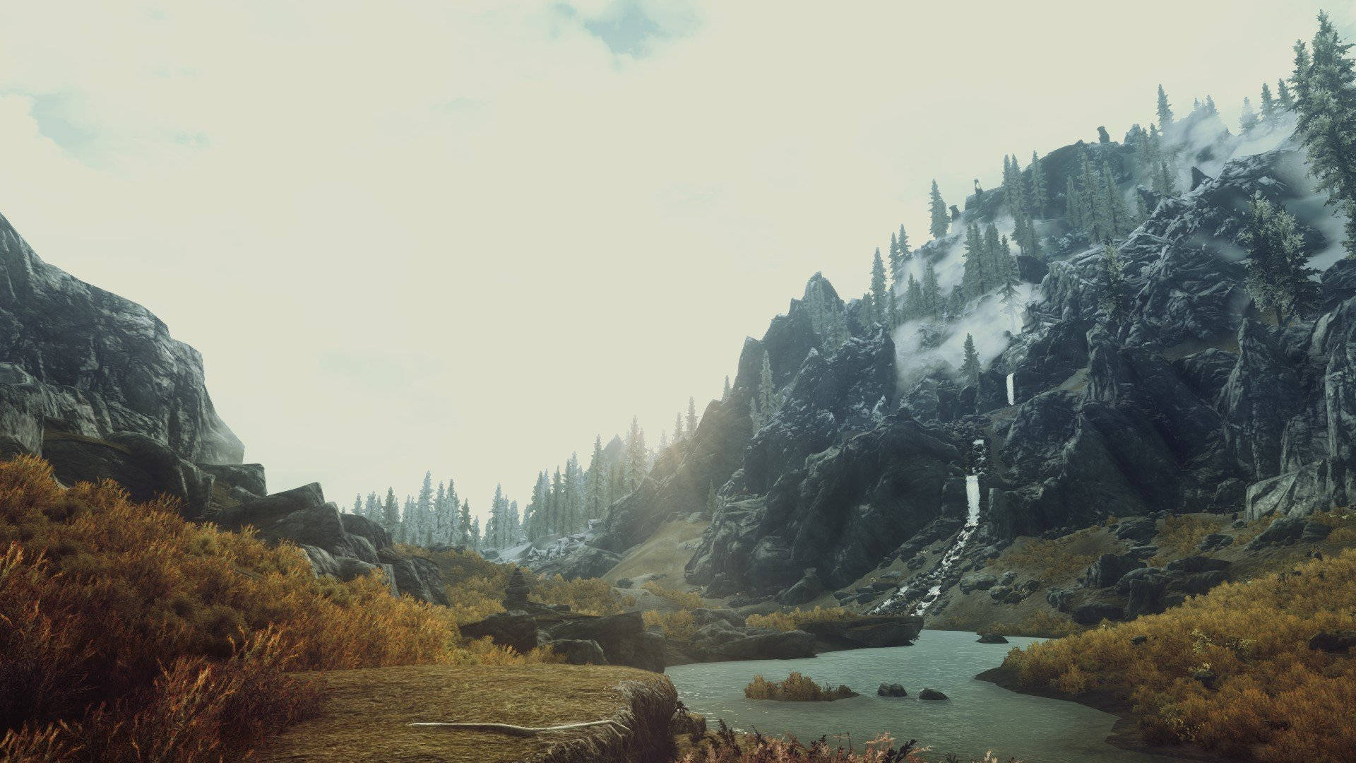 Skyrim, misty mountain valley, winding river, Full HD Desktop Wallpaper