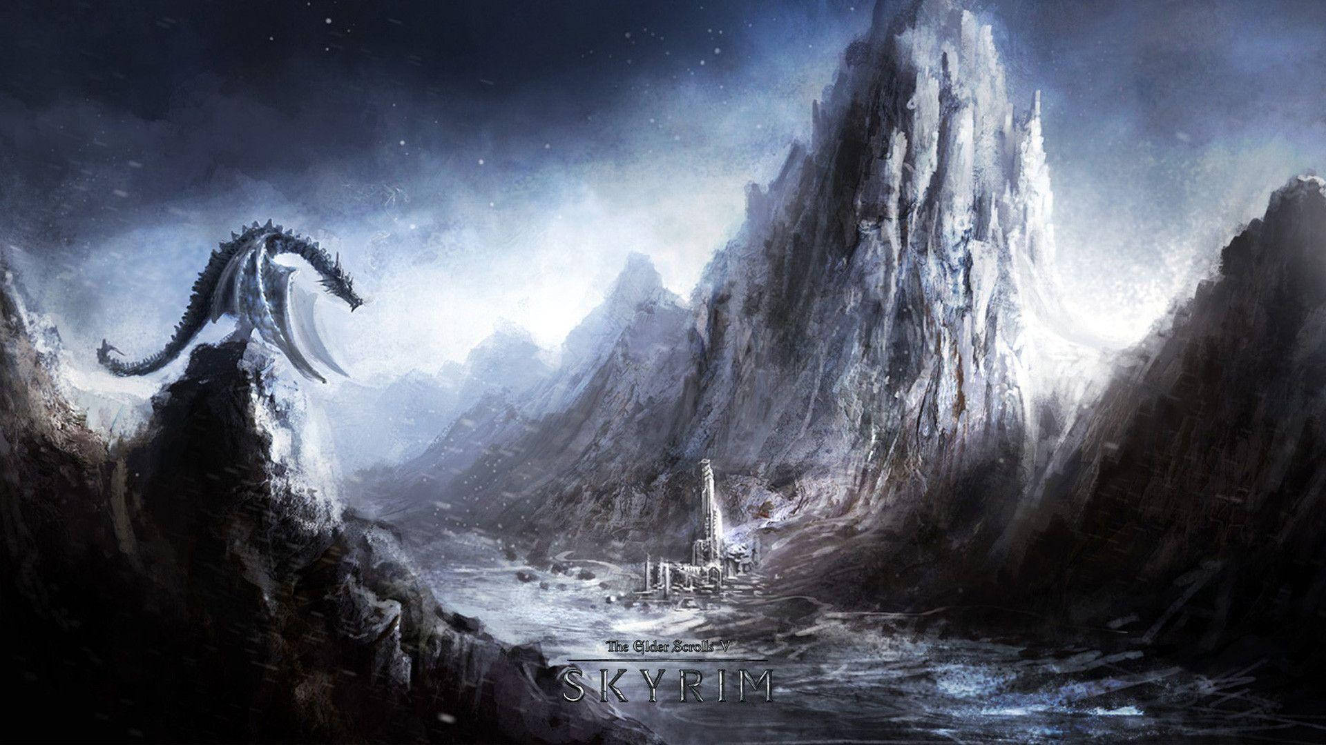 1920 X 1080 Skyrim, dragon, snowy cliff, Full HD Desktop Wallpaper