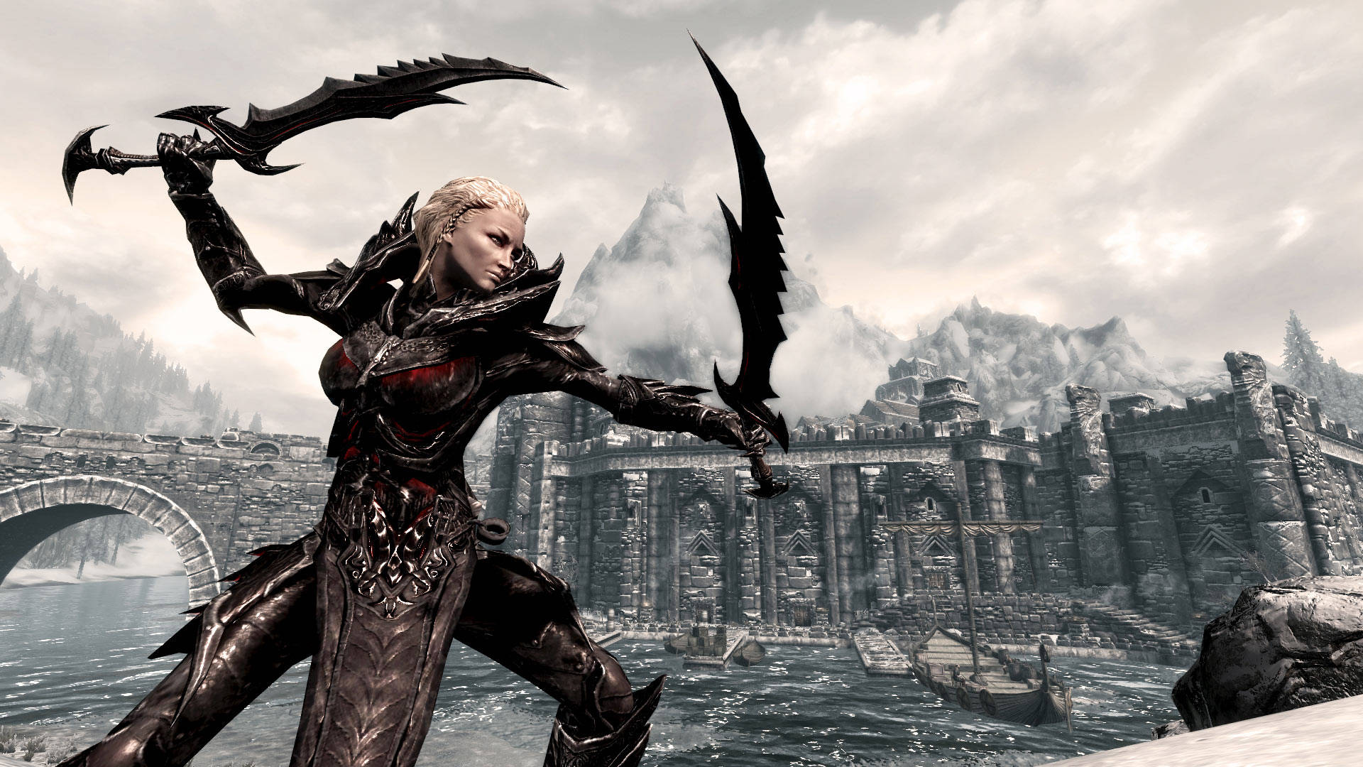 Skyrim, dark-armored warrior, dual curved blades, Full HD Desktop Wallpaper