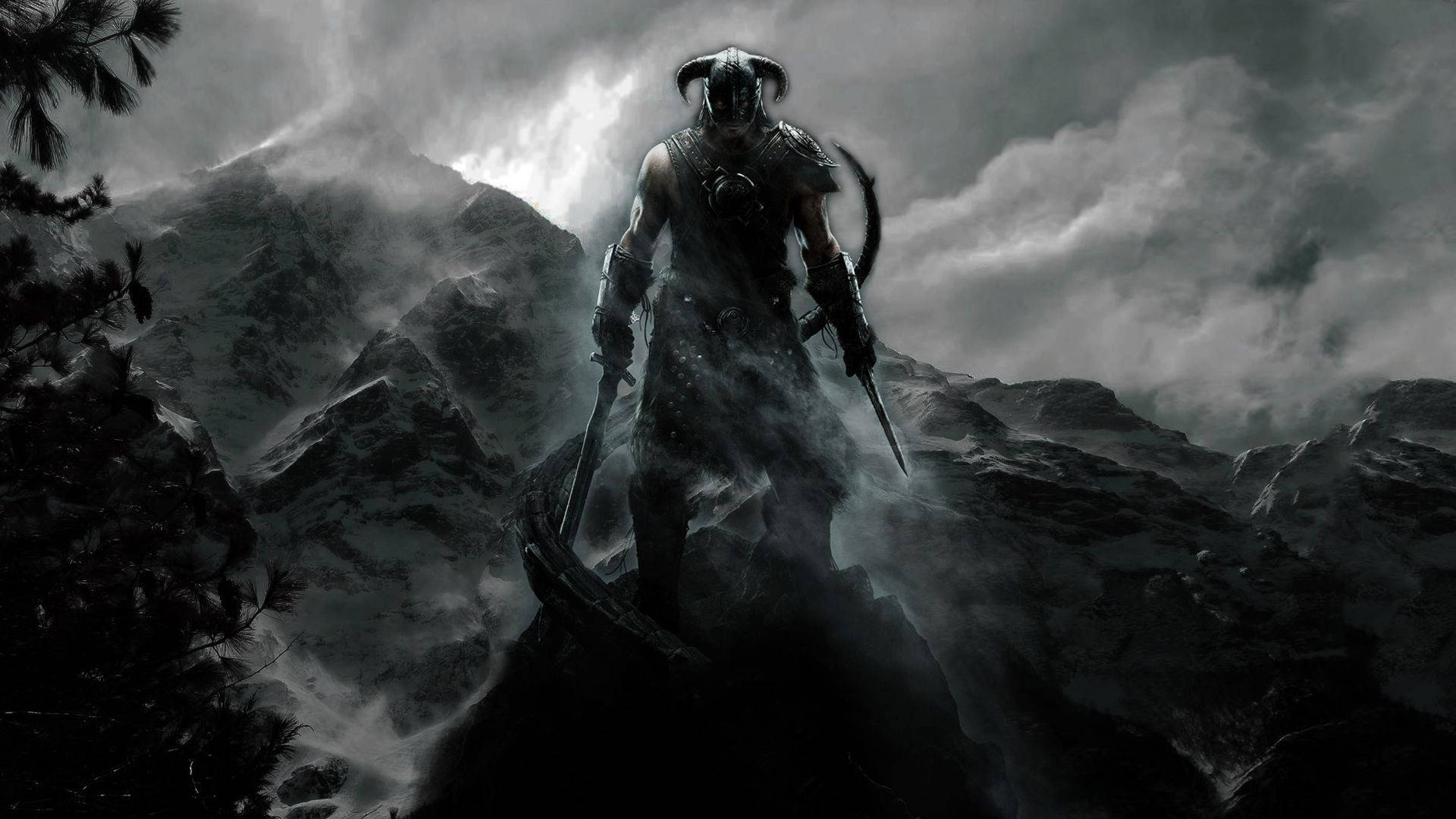 Skyrim, dark-armored warrior, horns, Full HD Desktop Wallpaper