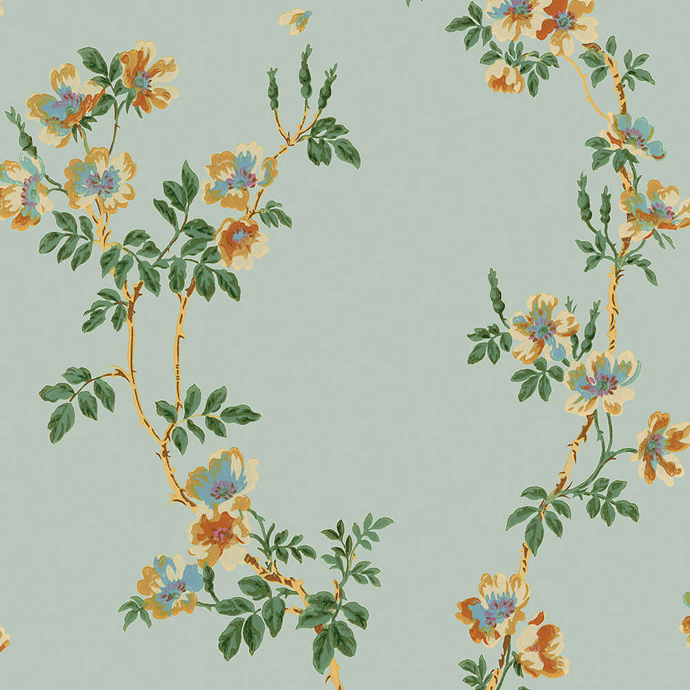 floral vines, orange blue and cream blossoms, soft sage green background, SD Desktop Wallpaper
