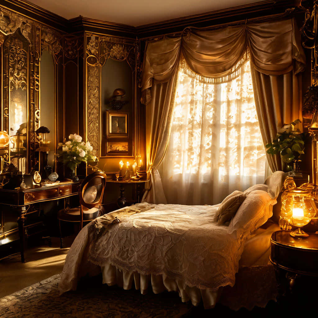 1920s, golden sunlight, sheer curtains, SD Desktop Wallpaper
