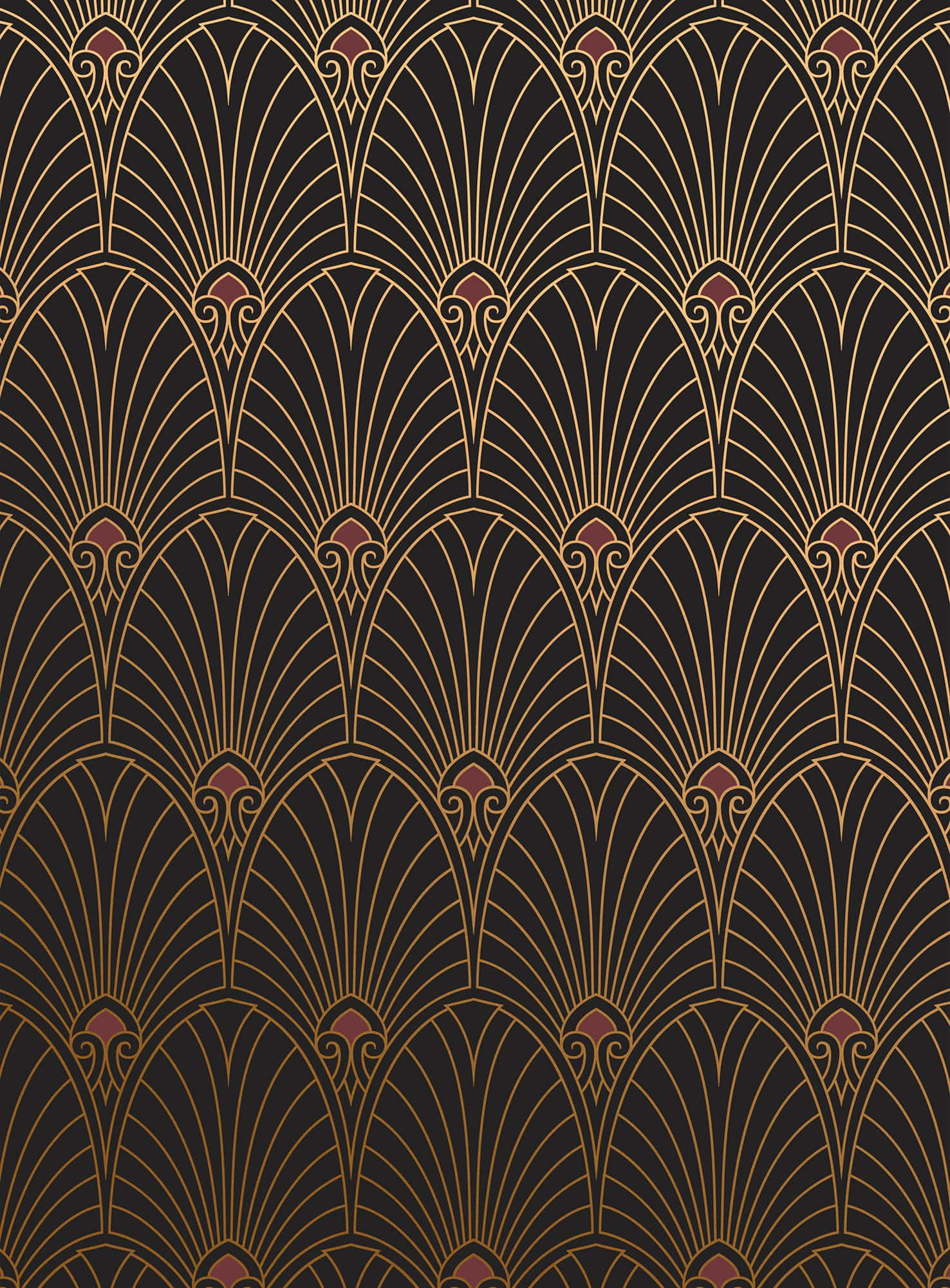 art deco, gold fan motifs, deep black background, Full HD Phone Wallpaper