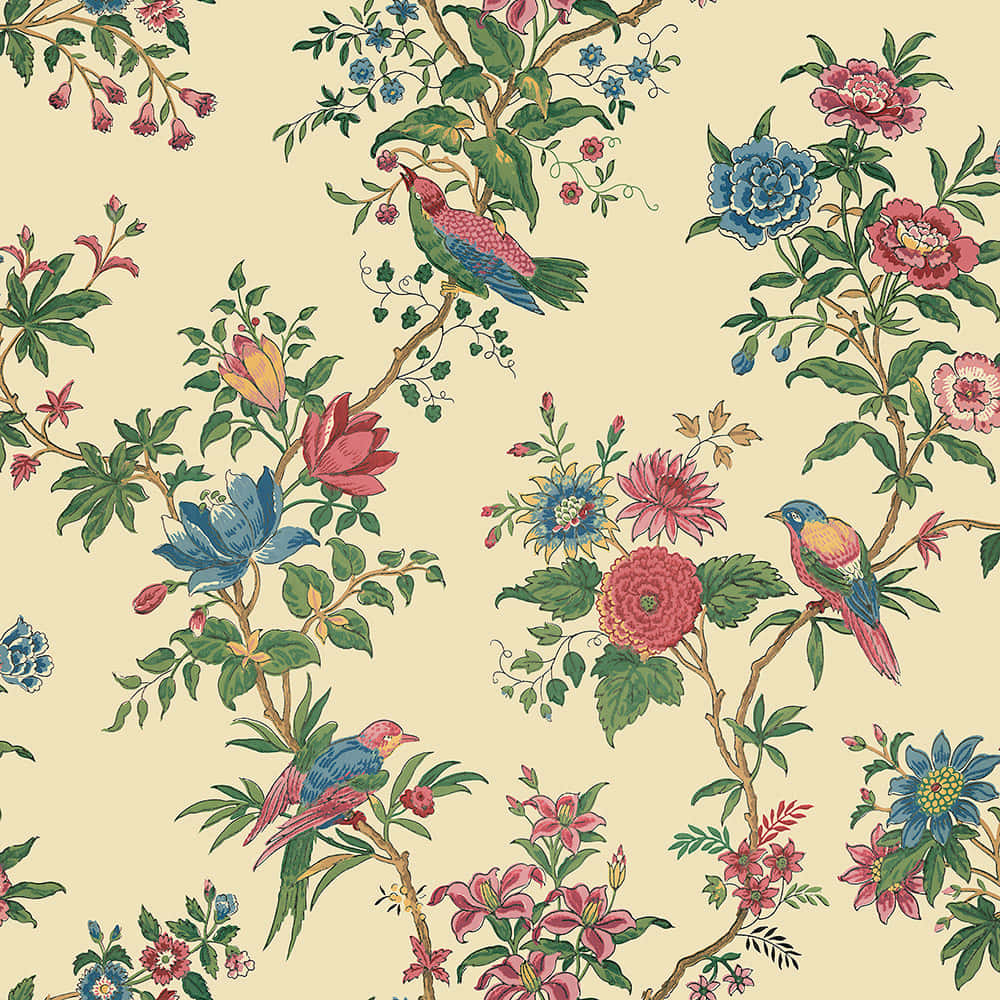 vintage floral bird pattern, colorful birds, lush pink blue and red flowers, SD Desktop Wallpaper
