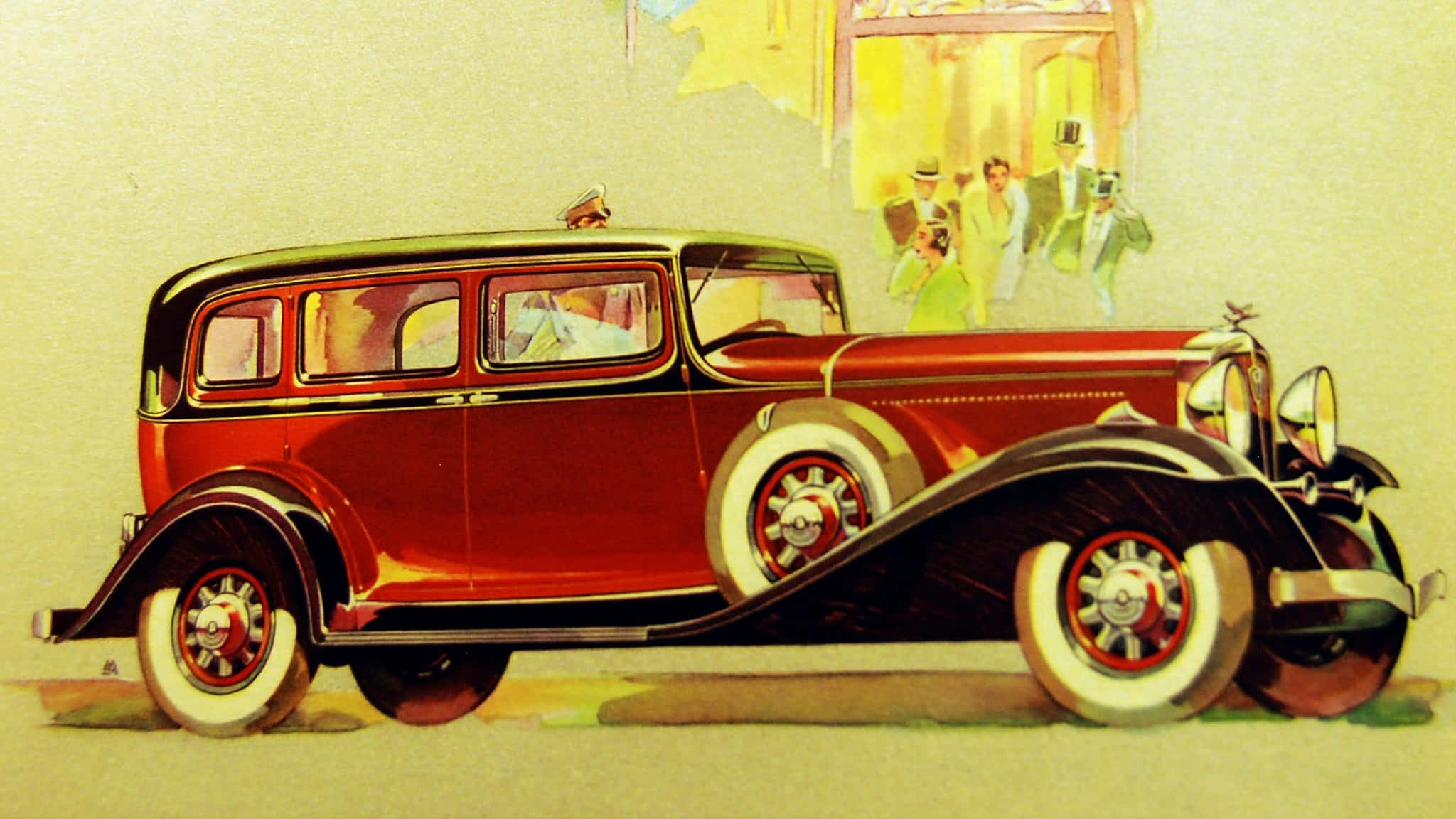 1920s, vintage red and black sedan, white wall tires, Full HD Desktop Wallpaper