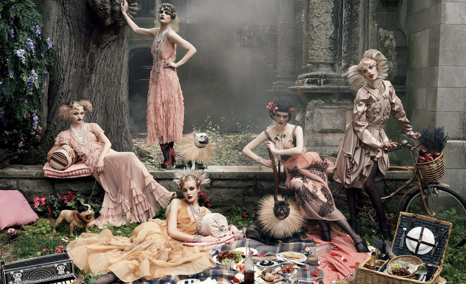 1920s, garden party, vintage pink dresses, Full HD Desktop Wallpaper