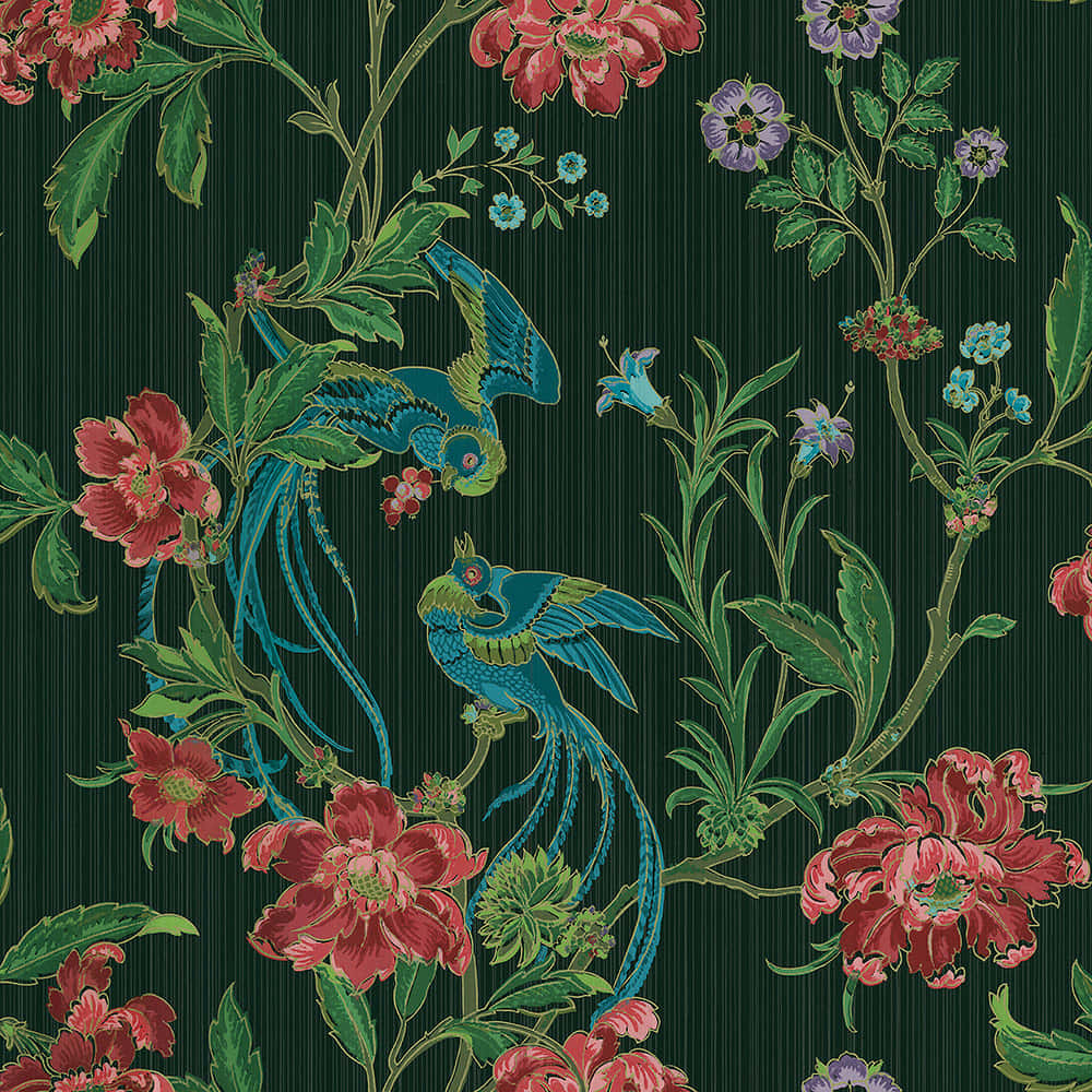 vintage floral bird pattern, 1920s, vibrant blue birds, SD Desktop Wallpaper