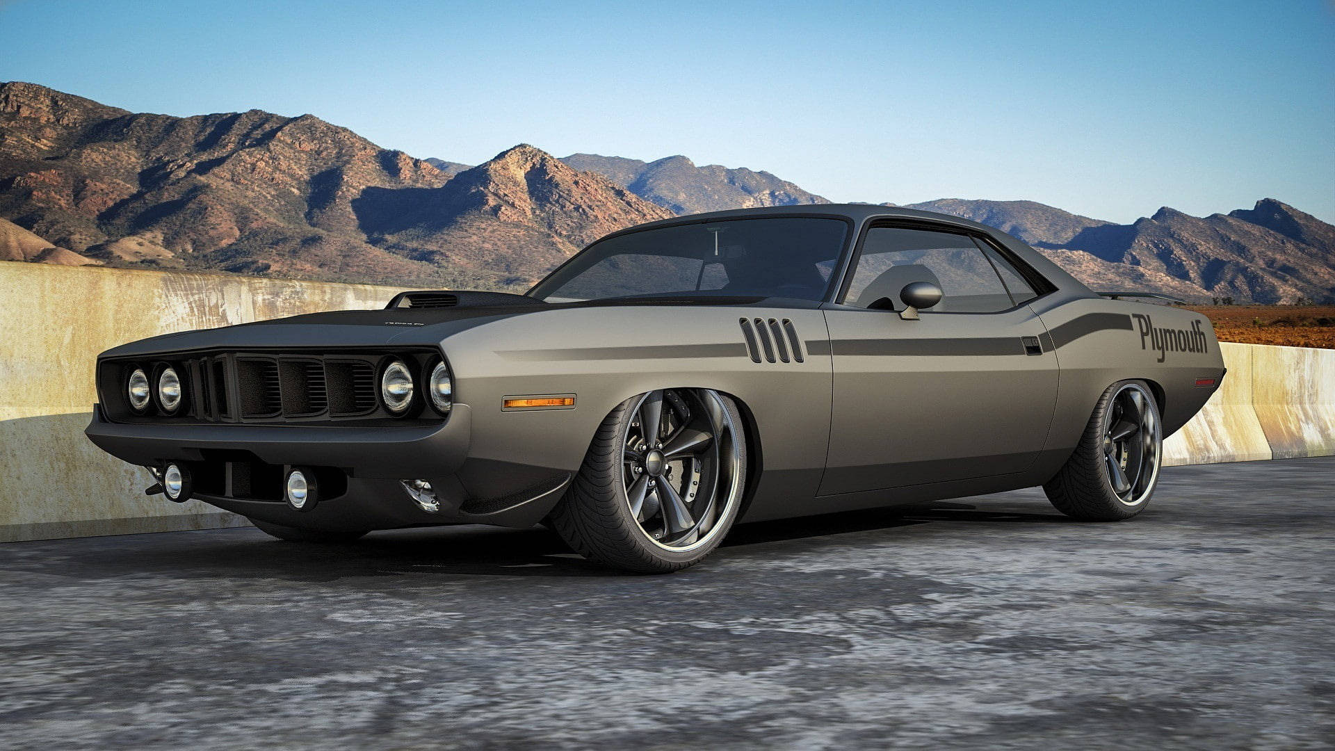 1920x1080 4K, matte gray Plymouth muscle car, black accents, Full HD Desktop Wallpaper