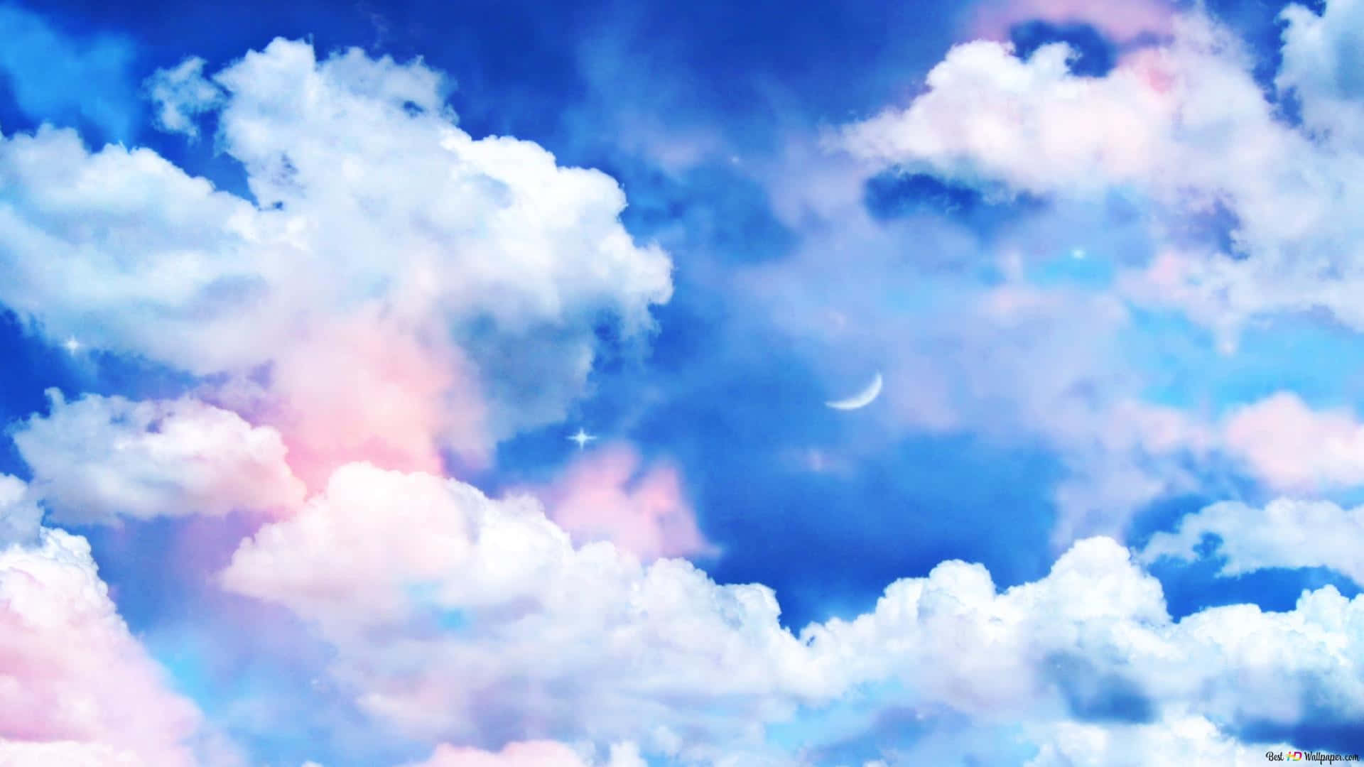 Vibrant blue sky, fluffy white clouds, pink, Full HD Desktop Wallpaper