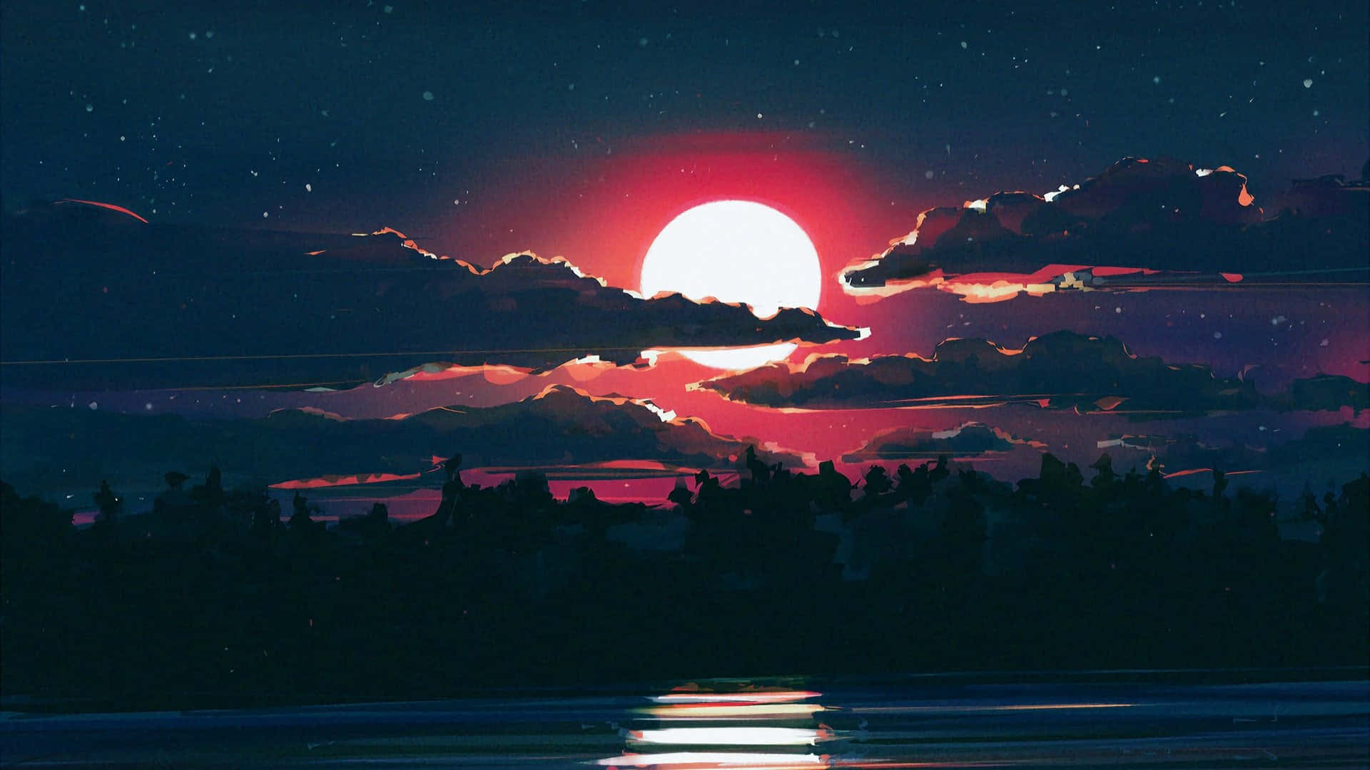 glowing red sun, dark clouds, forested shoreline, Full HD Desktop Wallpaper