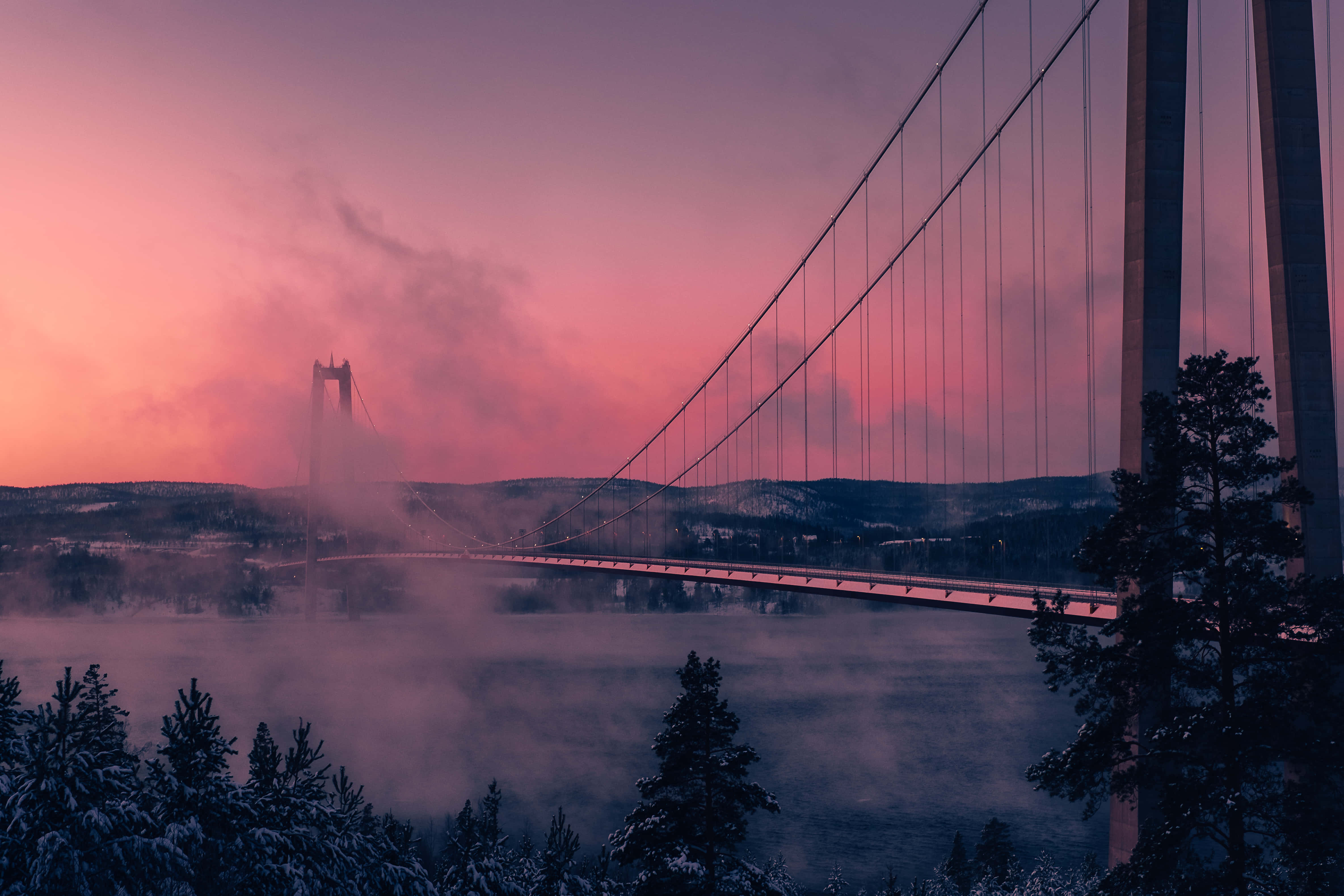 1920x1080 aesthetic, suspension bridge, misty river, 4K Desktop Wallpaper