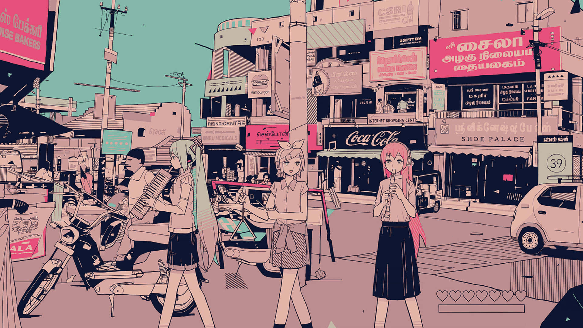 1920x1080 aesthetic, city street, people walking, Full HD Desktop Wallpaper
