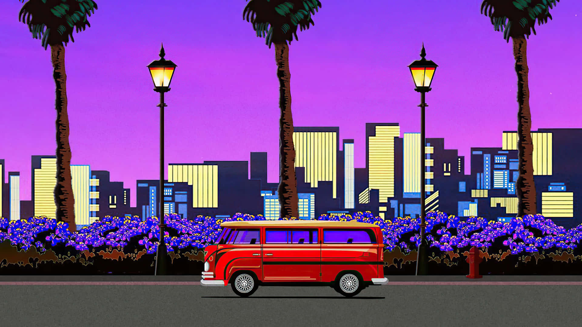 1920x1080 aesthetic, red vintage van, glowing street lamps, Full HD Desktop Wallpaper