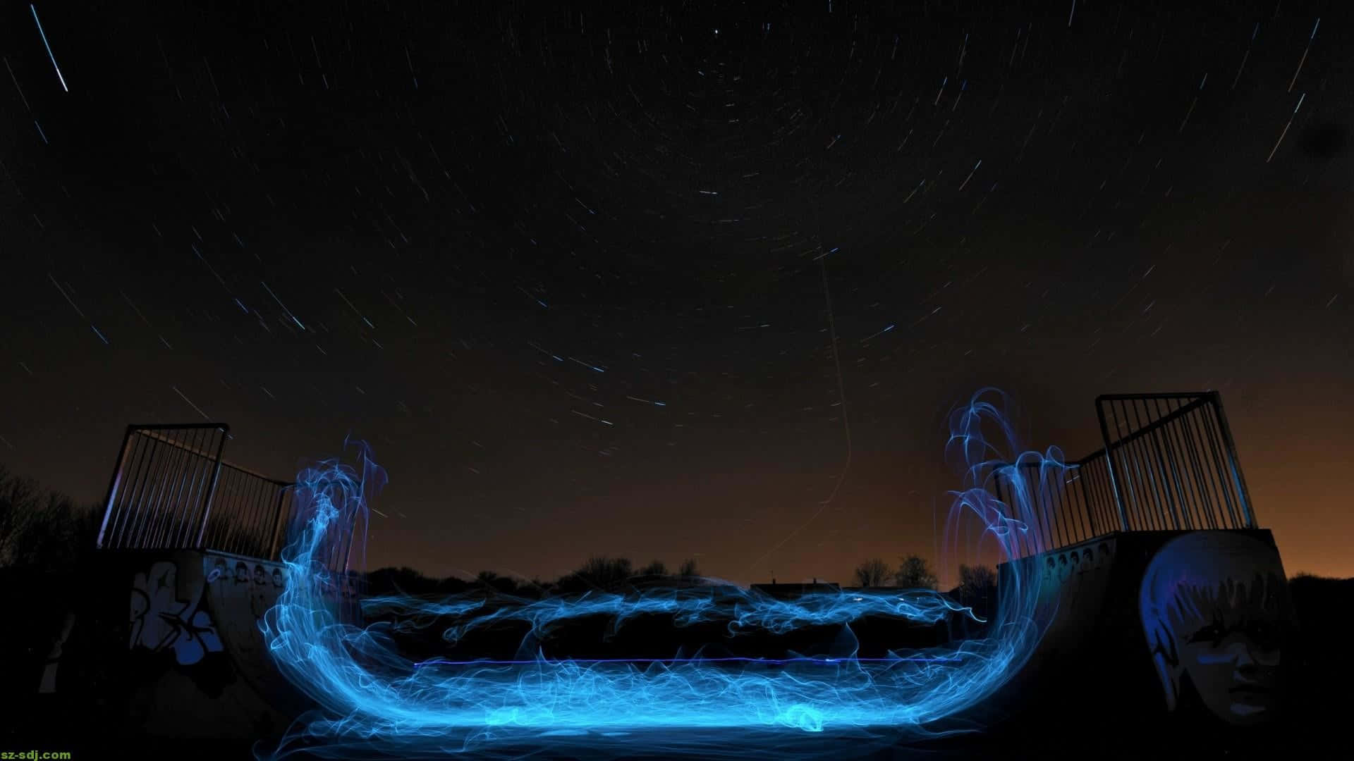 1920x1080 Amoled, glowing blue light trail, dark bridge, Full HD Desktop Wallpaper
