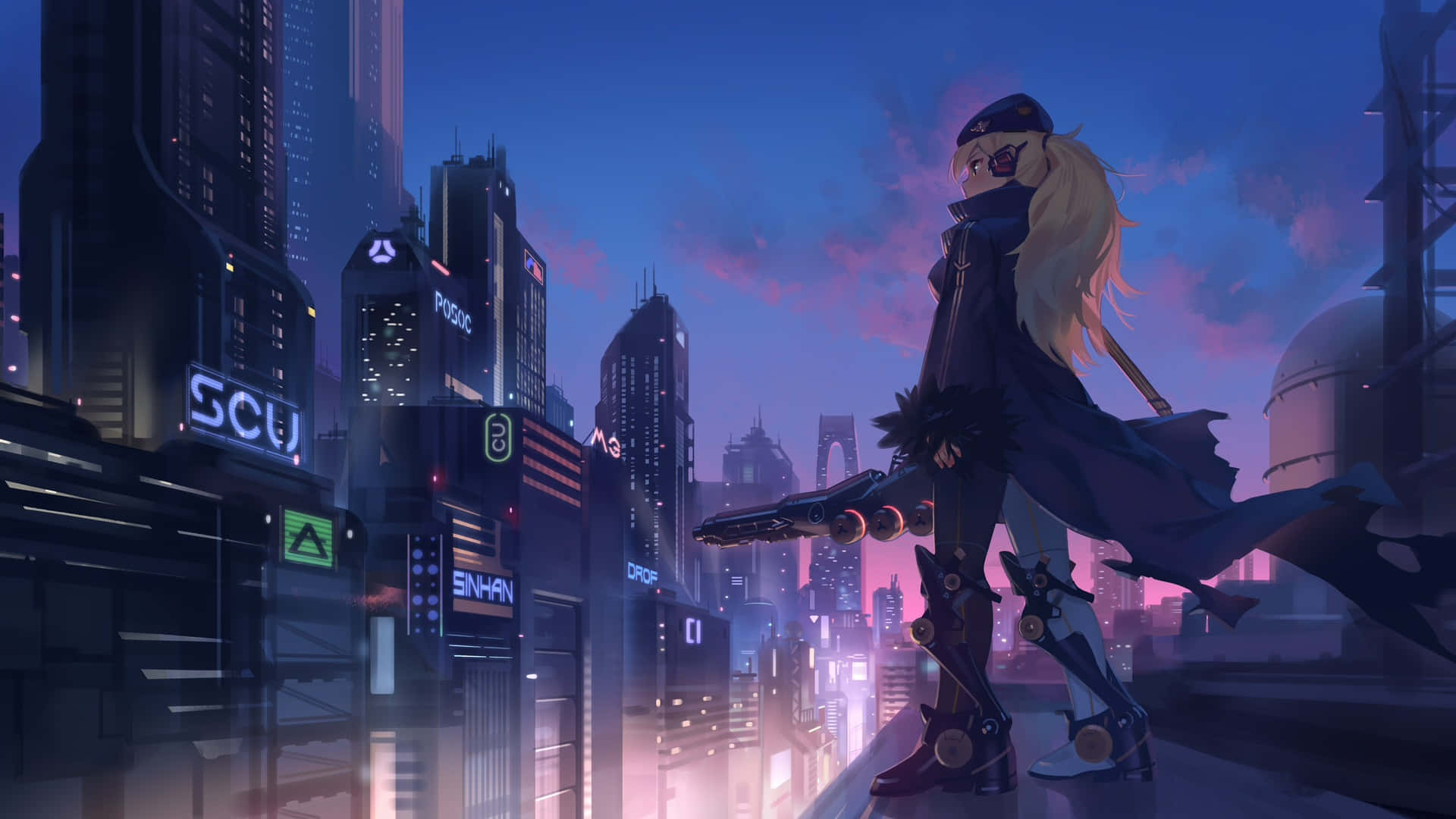 1920x1080 anime, cyberpunk girl, blonde anime girl, Full HD Desktop Wallpaper