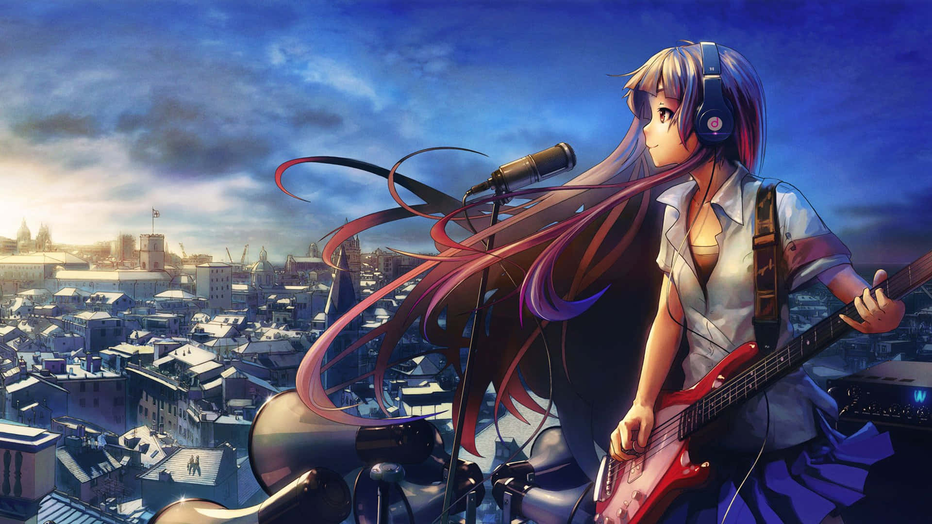 anime girl, long flowing hair, electric guitar, Full HD Desktop Wallpaper