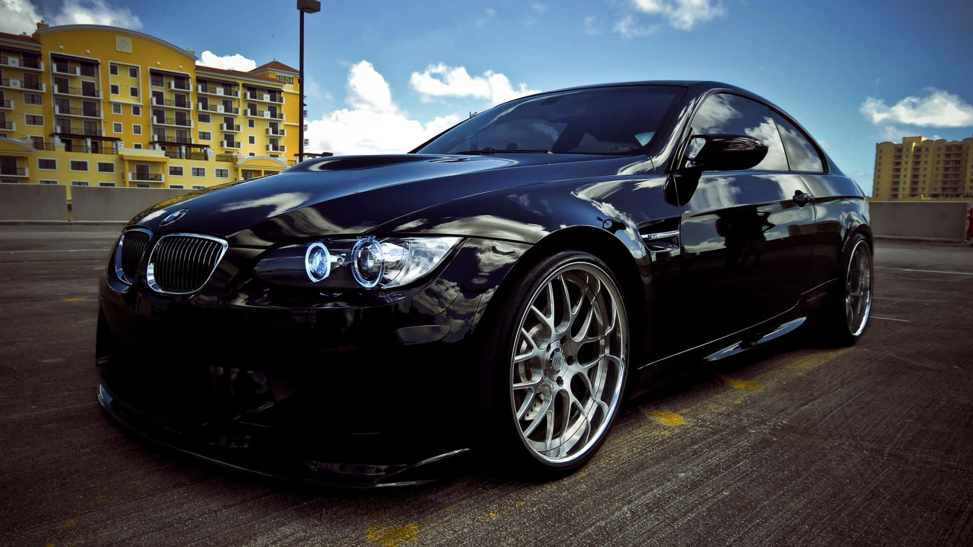 BMW, glossy black, custom silver wheels, Full HD Desktop Wallpaper