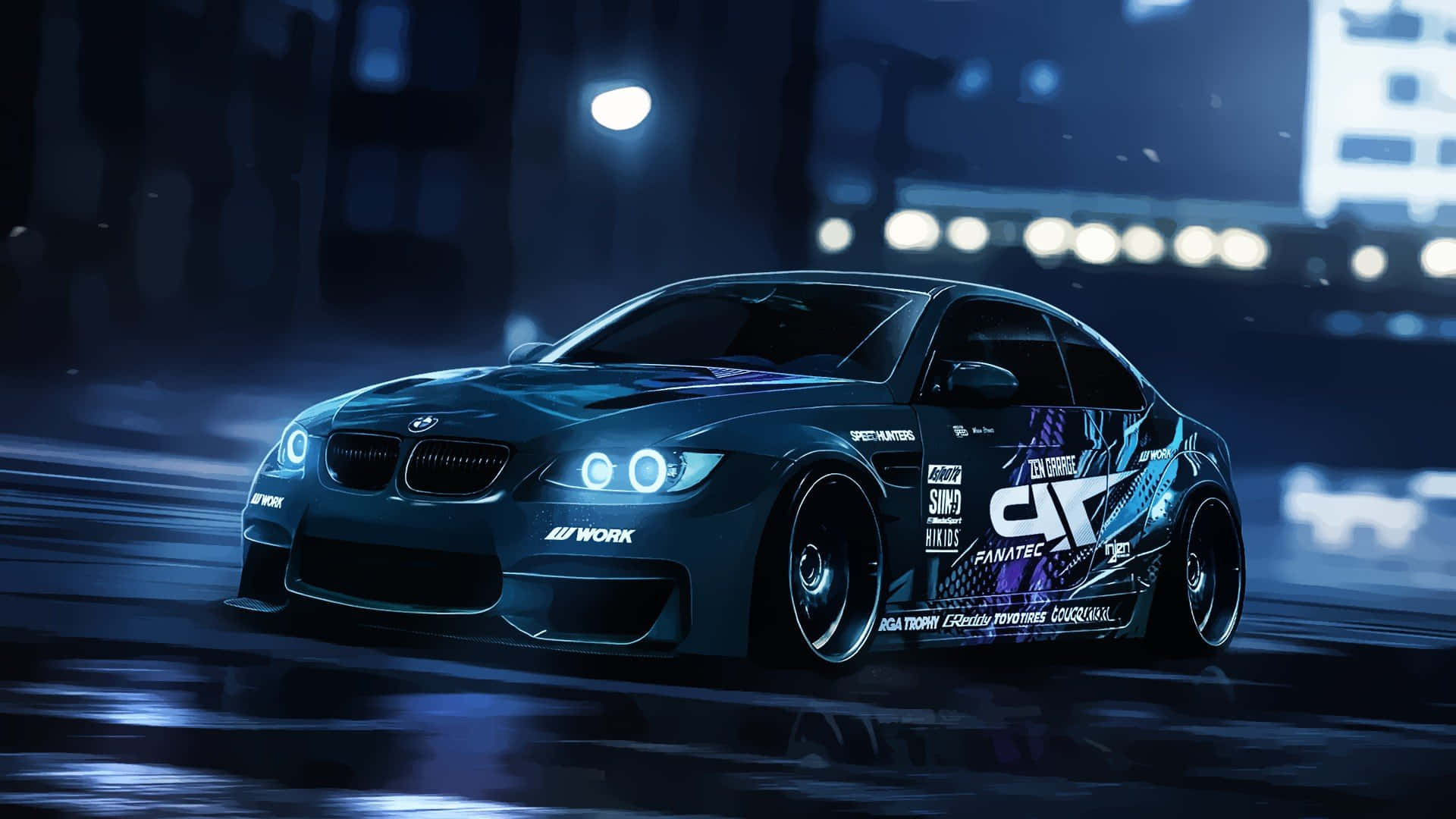 BMW, drift car, glowing headlights, Full HD Desktop Wallpaper