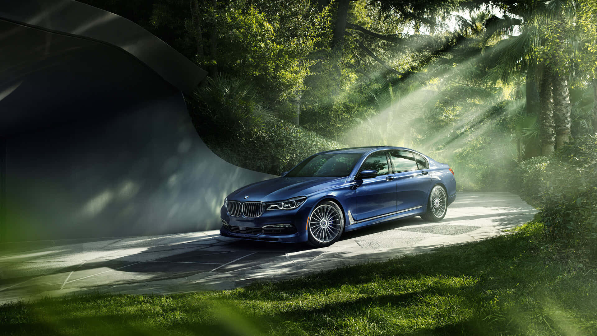 BMW, sleek blue BMW sedan, misty forest path, Full HD Desktop Wallpaper