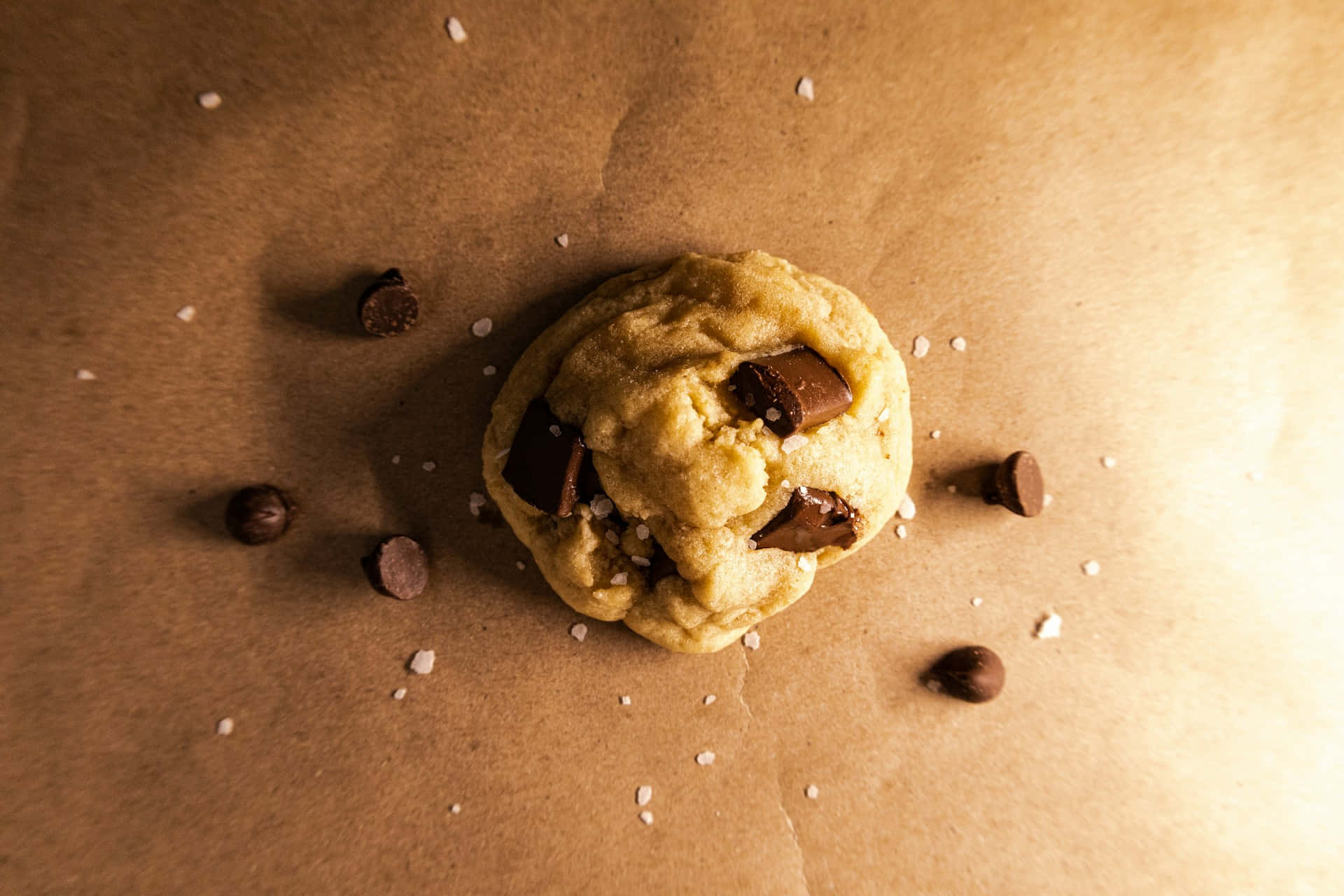 gourmet chocolate chip cookie, sea salt flakes, brown parchment paper, Full HD Desktop Wallpaper