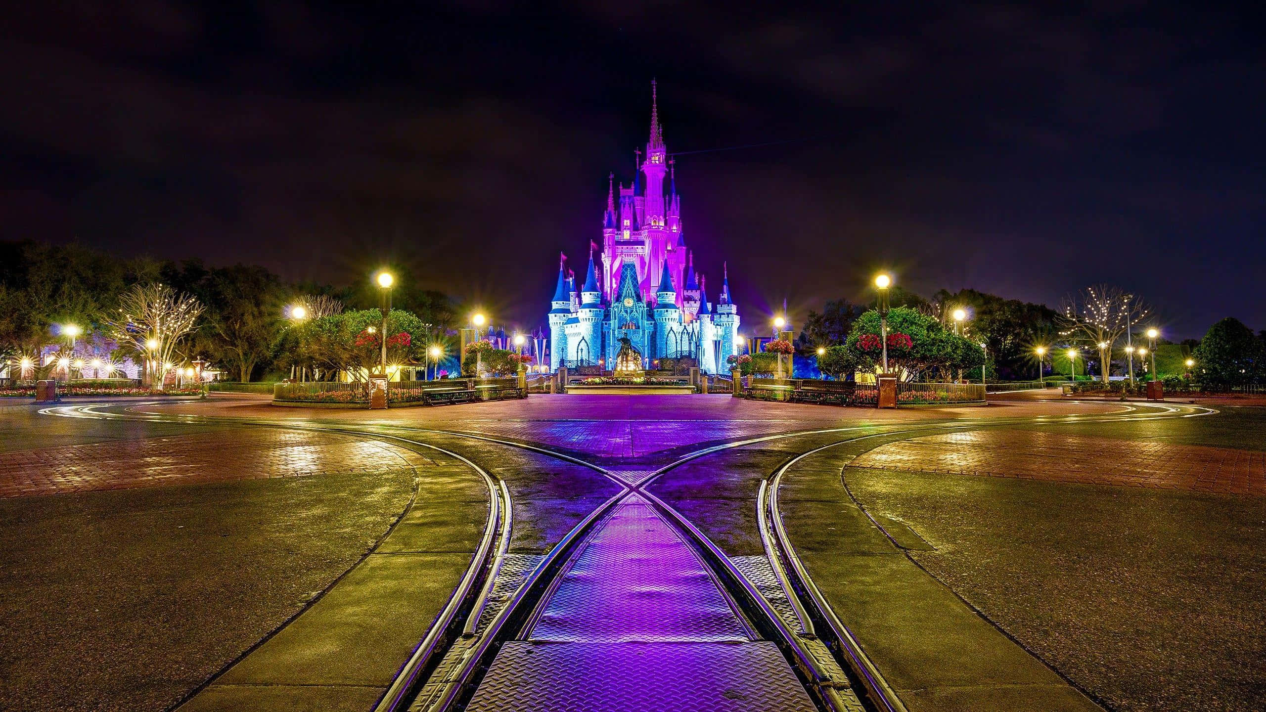 Disney, castle, purple lights, 2K Desktop Wallpaper