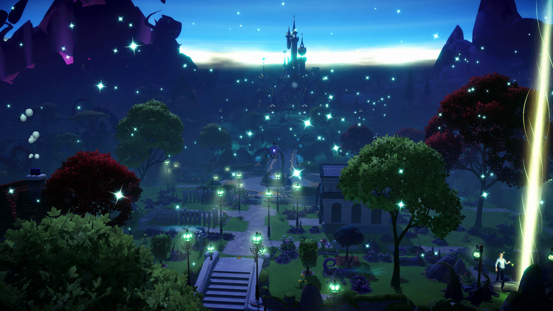 1920x1080 Disney, twilight garden path, glowing castle, Full HD Desktop Wallpaper