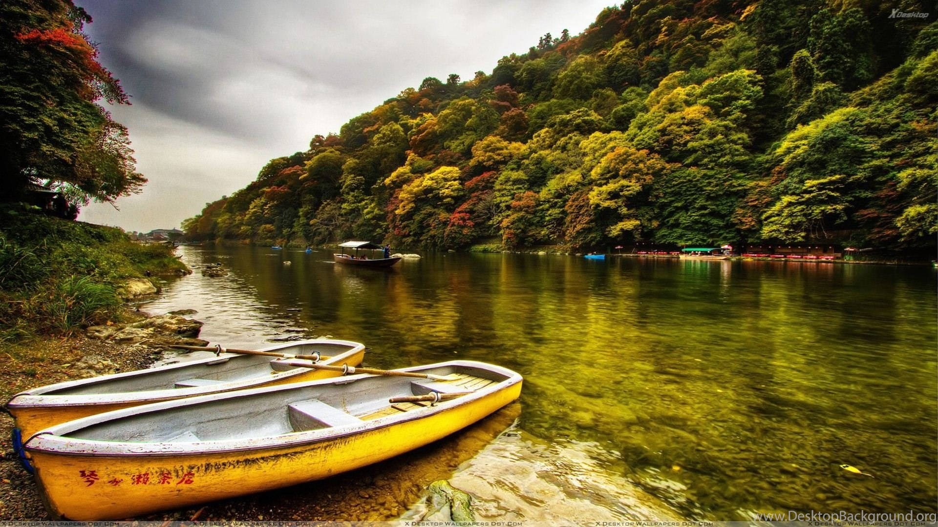 1920x1080 full hd nature, yellow rowboats, mossy riverbank, Full HD Desktop Wallpaper