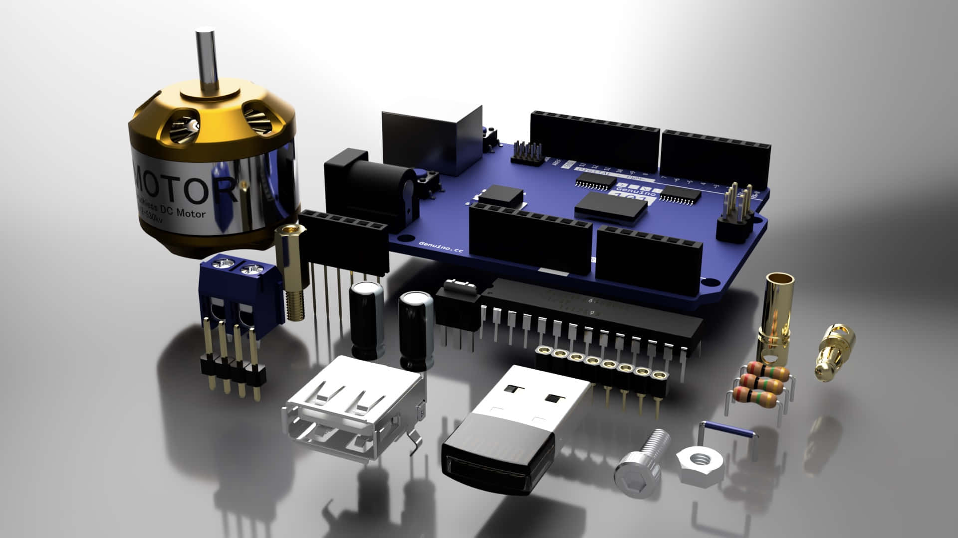 gold motor, arduino board, usb cable, Full HD Desktop Wallpaper