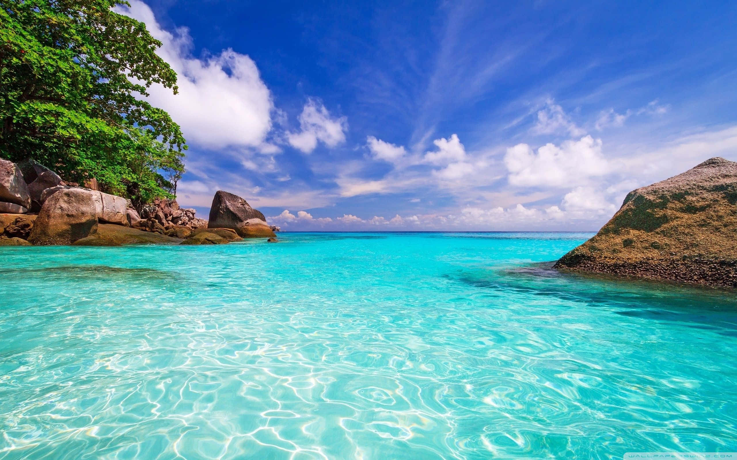 1920x1080 HD Beach, turquoise water, rocky shores, 2K Desktop Wallpaper