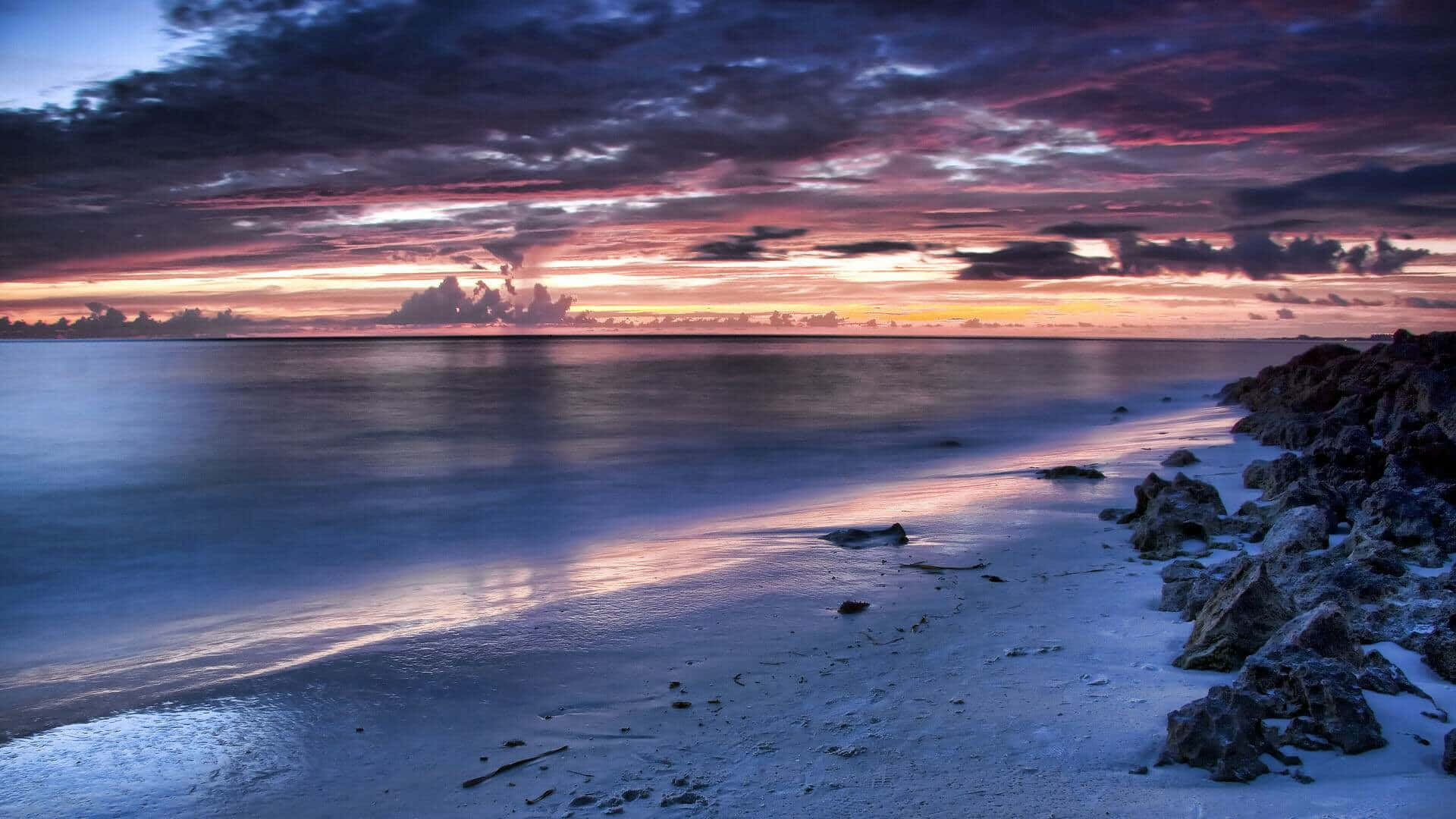 1920x1080 HD Beach, sunset, vibrant purple and orange clouds, Full HD Desktop Wallpaper