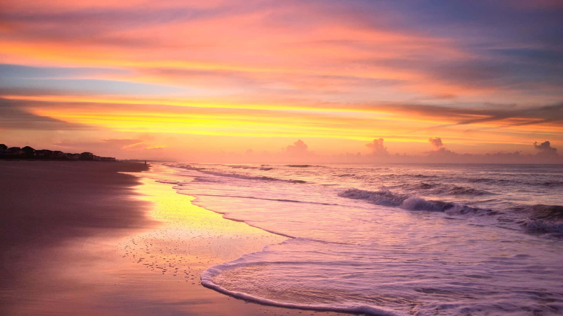 sunrise, calm beach, fiery orange pink and purple hues, Full HD Desktop Wallpaper
