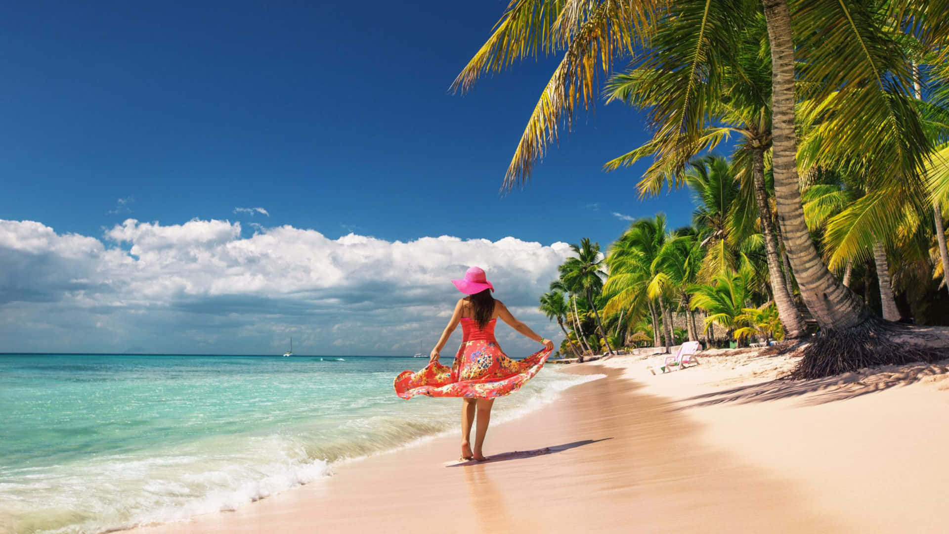 1920x1080 HD Beach, pink hat, floral dress, Full HD Desktop Wallpaper