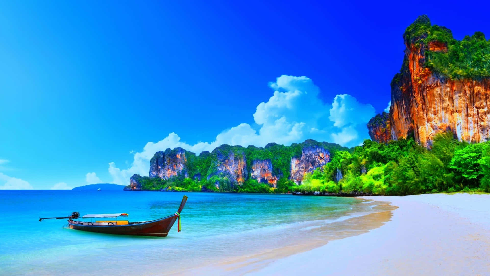 1920x1080 HD Beach, longtail boat, pristine white sand beach, Full HD Desktop Wallpaper