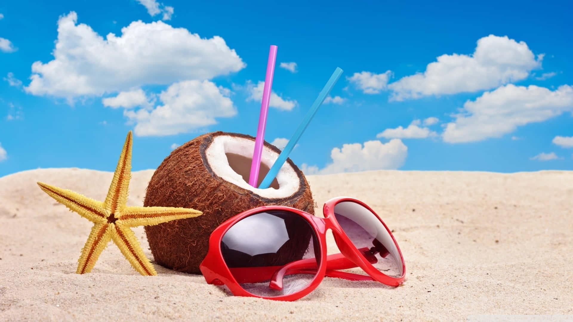 1920x1080 HD Beach, coconut drink, colorful straws, Full HD Desktop Wallpaper