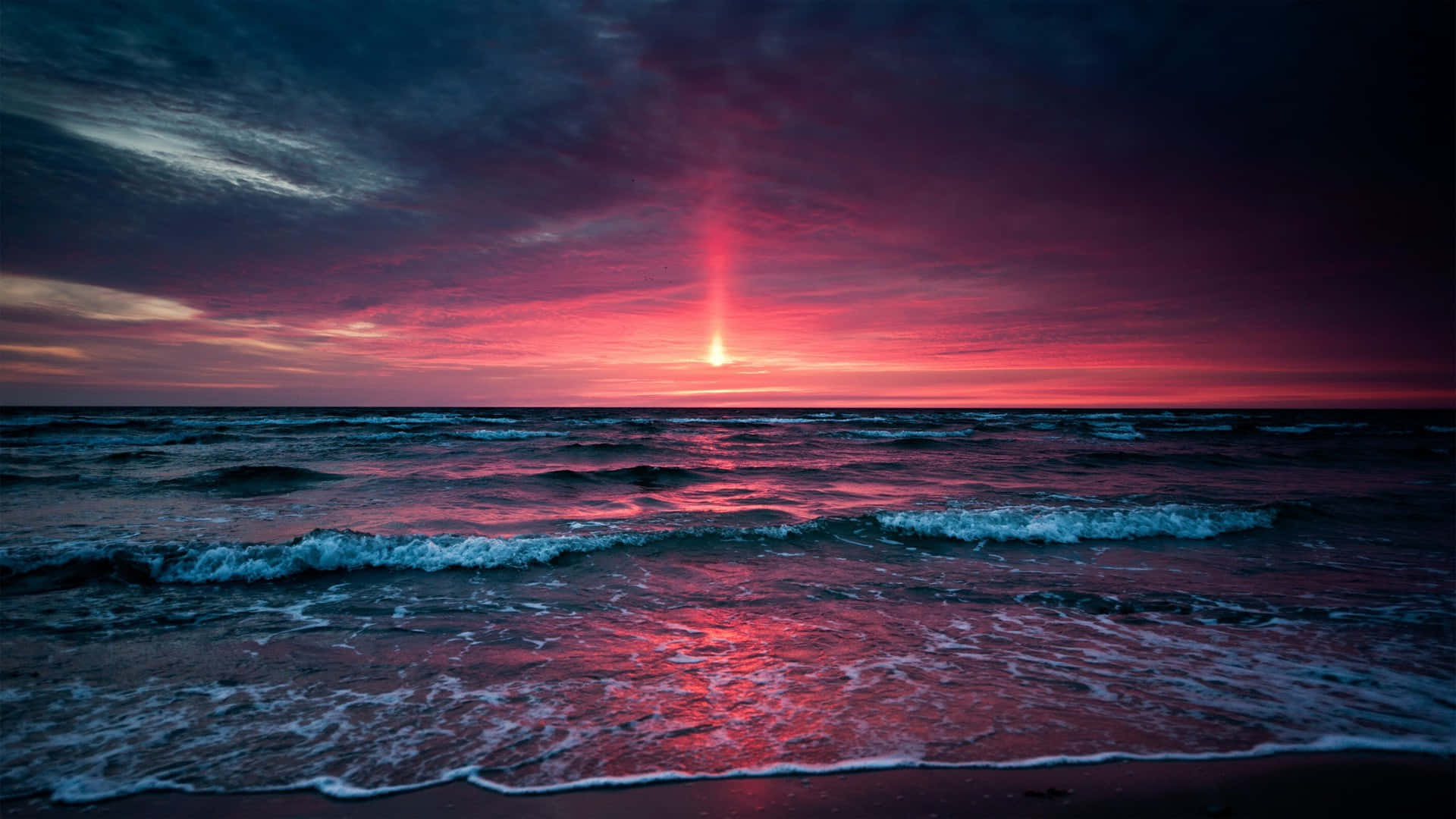 1920x1080 HD Beach, ocean sunset, fiery red sky, Full HD Desktop Wallpaper