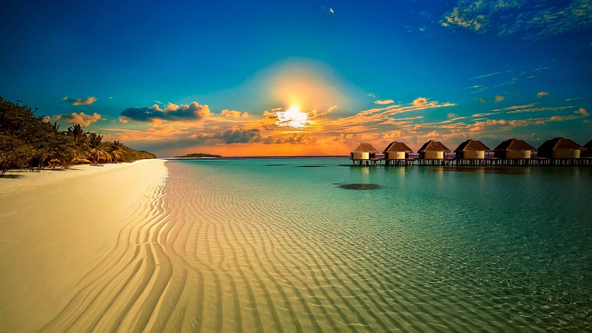 tropical beach, overwater bungalows, ripling turquoise water, Full HD Desktop Wallpaper