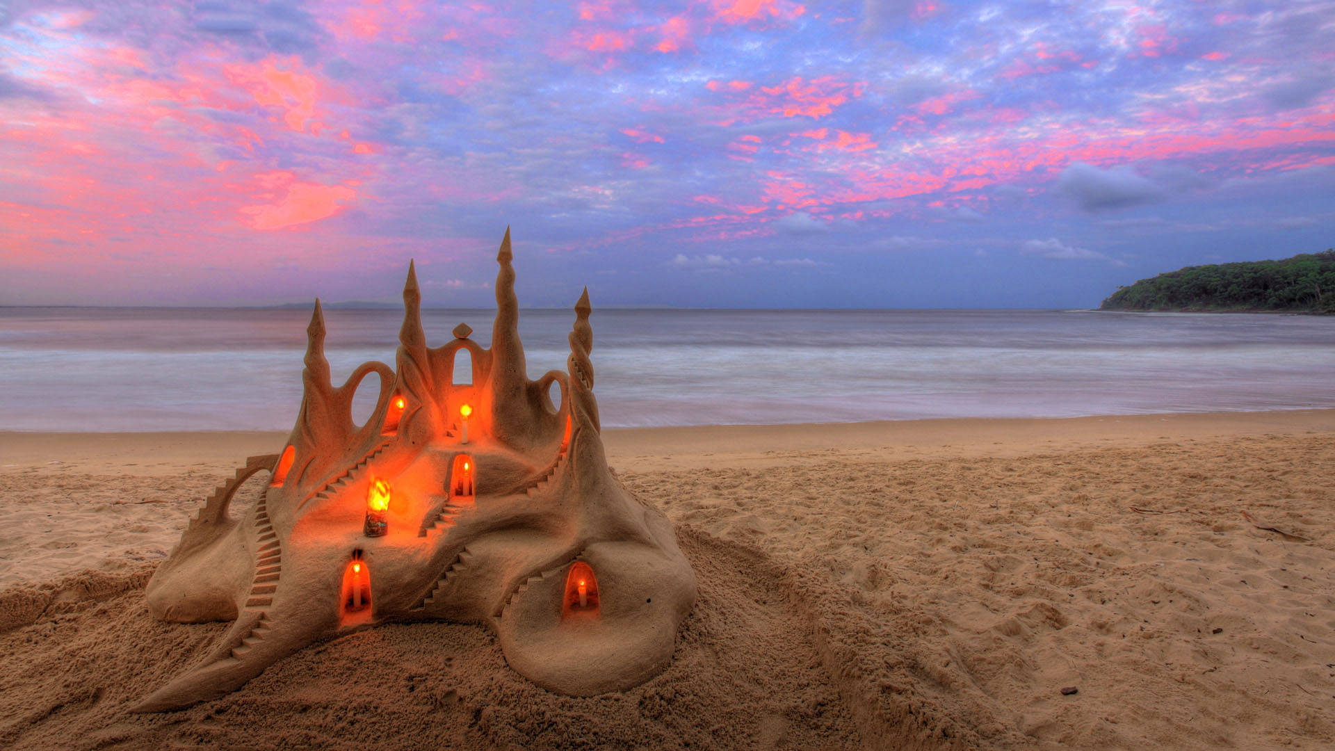 1920x1080 HD Summer Beach Sand Castle, glowing sandcastle, lit lanterns, Full HD Desktop Wallpaper