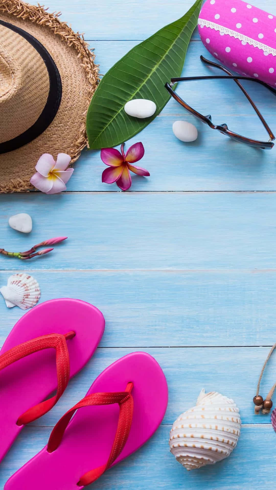 beach hat, bright pink flip flops, sunglasses, Full HD Phone Wallpaper
